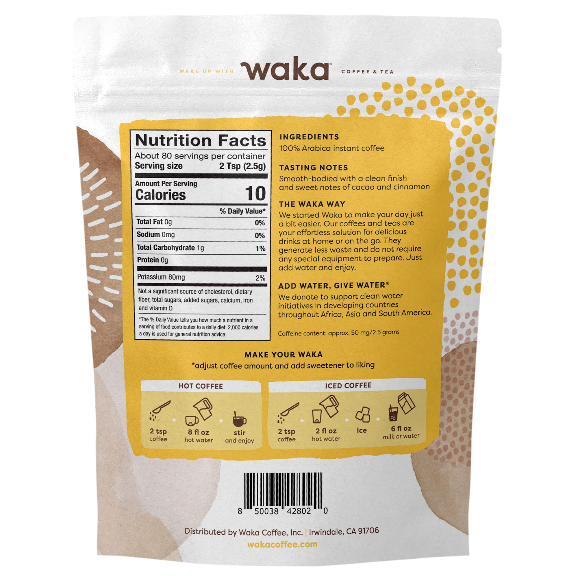 Waka Premium Instant Coffee Pouches - 100% Arabica Freeze Dried Beans - For Hot or Iced Coffee (8 Ounces, House Roast)