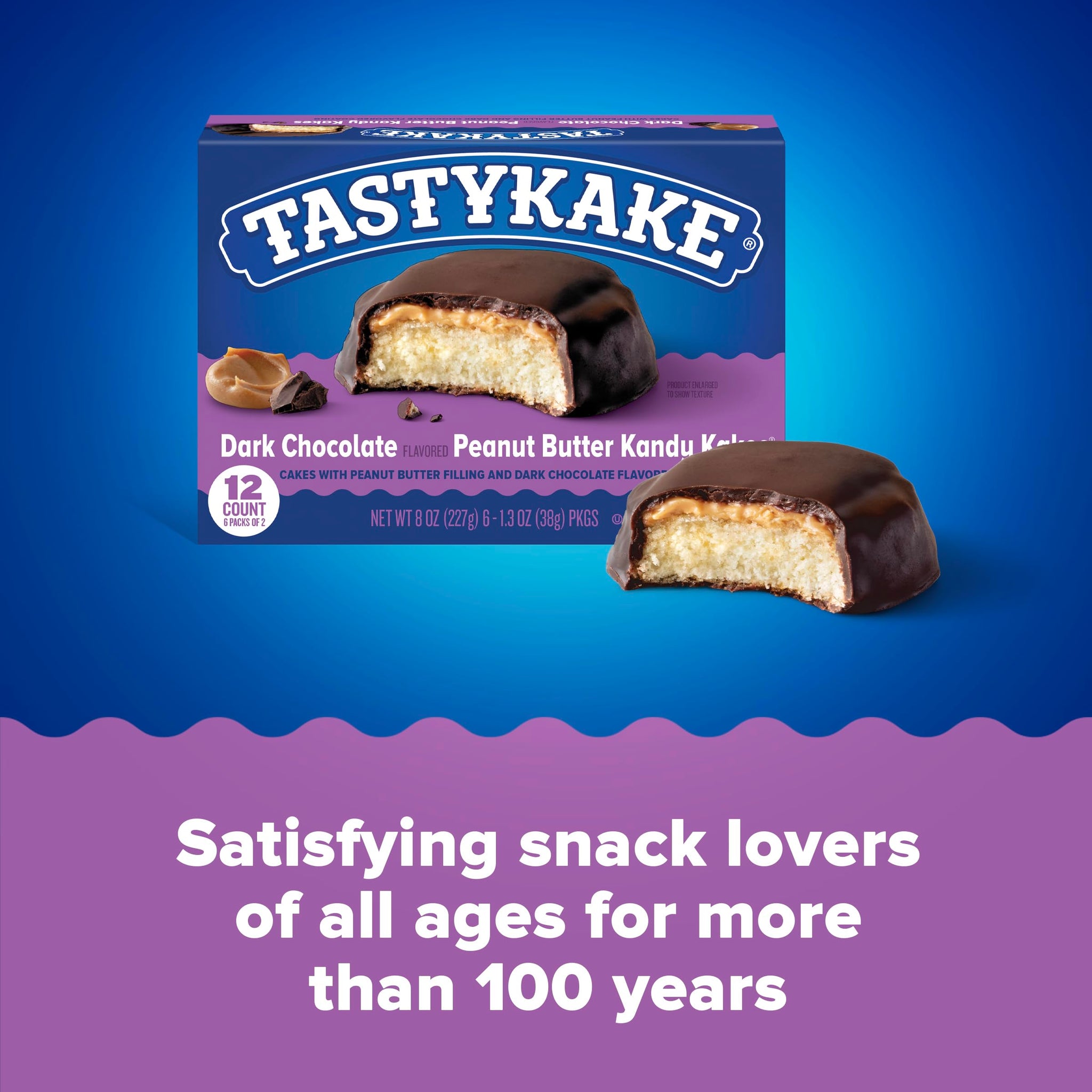 Tastykake Kandy Kakes Dark Chocolate Peanut Butter Snack Cakes, Family Pack of 12 Cakes