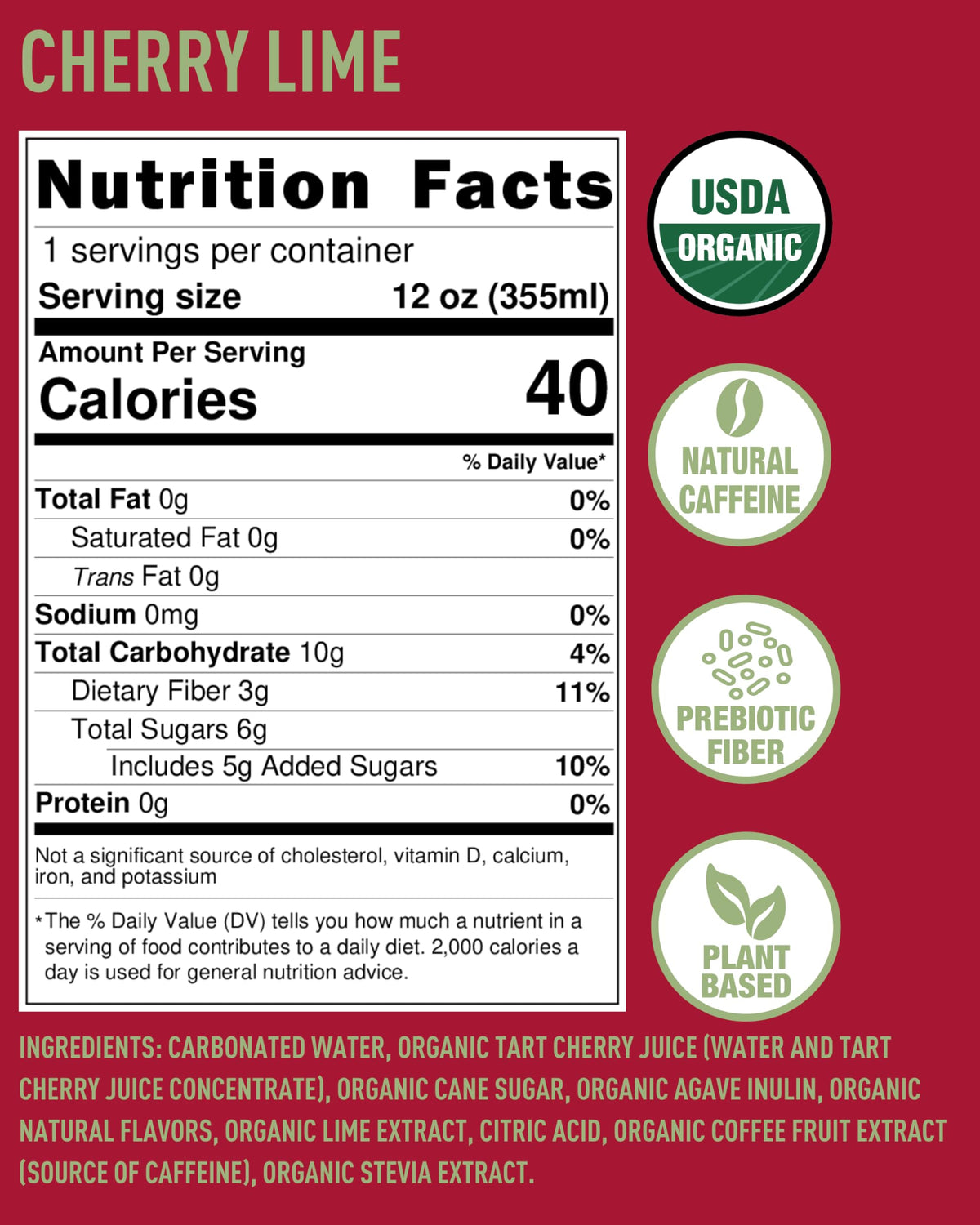 Frujava Organic Energy Drink, Trailblazin’ Cherry Lime, 80mg Natural Caffeine, 3g Prebiotic Fiber, 12oz Can, Powered by Coffee Fruit, Organic, Low