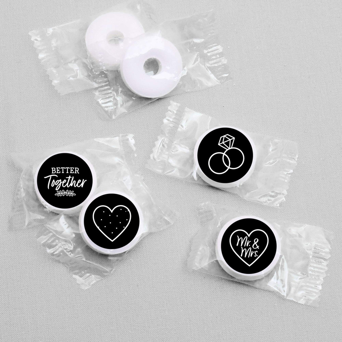 Mr. and Mrs. - Black & White Wedding Favors - Round Candy Stickers - 108pc