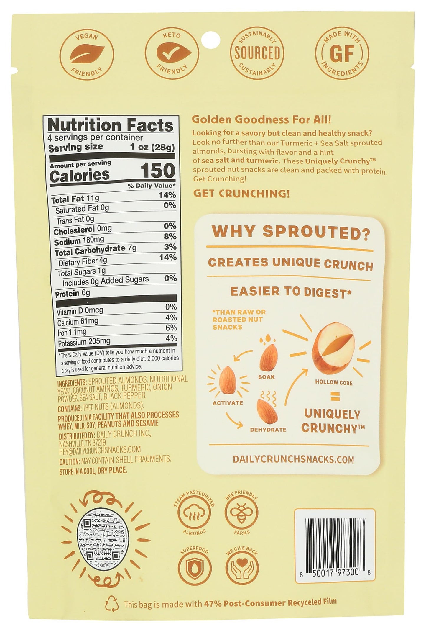 Daily Crunch, Almonds Sprouted Turmeric Sea Salt, 4 Ounce