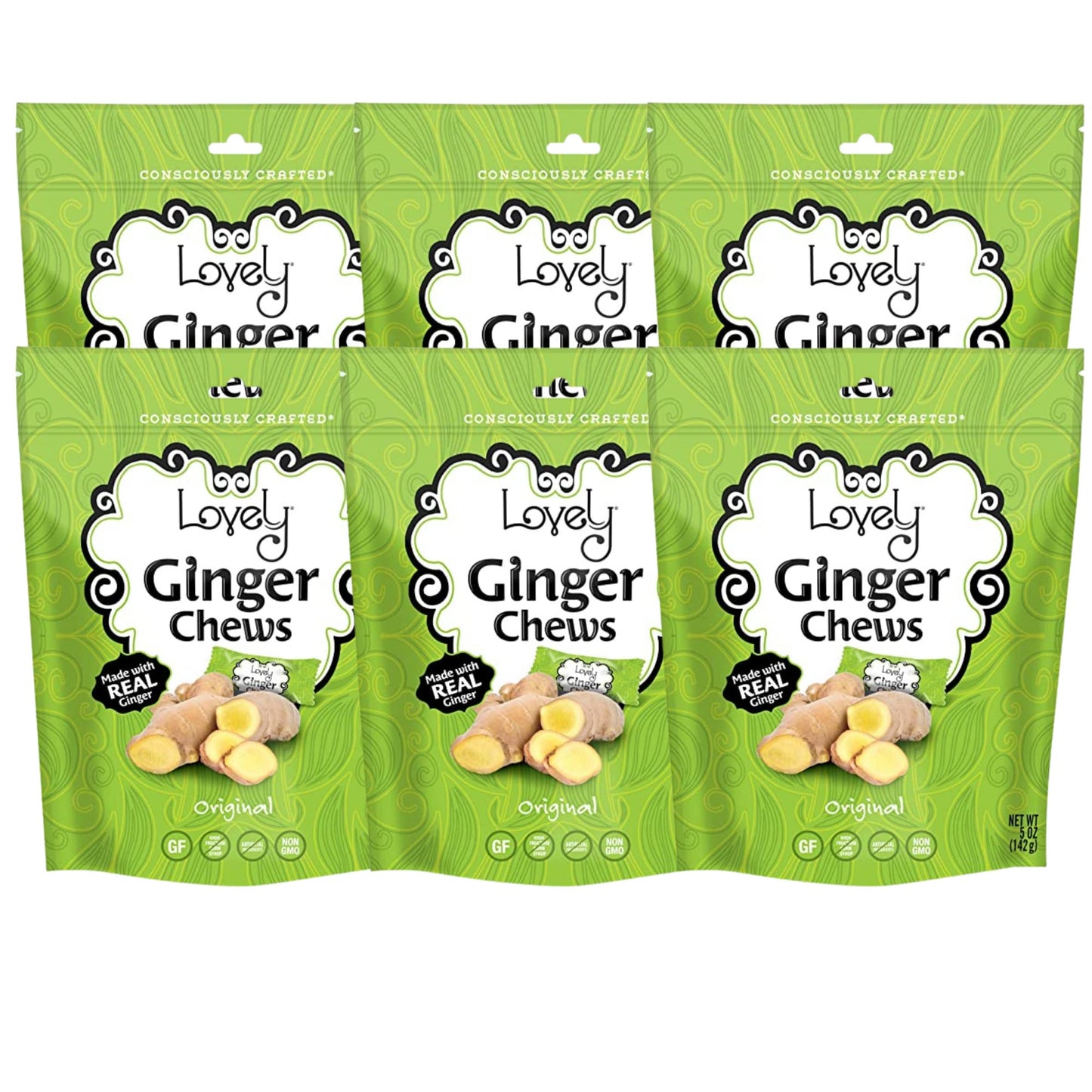 Lovely Candy Co. Original Ginger Chews, Made with Real Ginger, Individually Wrapped, 5oz (6-Pack) | Gluten-Free, Non-GMO, NO Artificial Ingredients