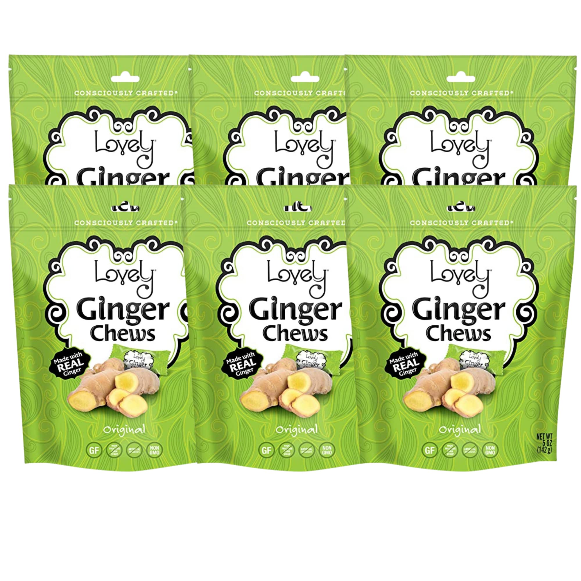 Lovely Candy Co. Original Ginger Chews, Made with Real Ginger, Individually Wrapped, 5oz (6-Pack) | Gluten-Free, Non-GMO, NO Artificial Ingredients