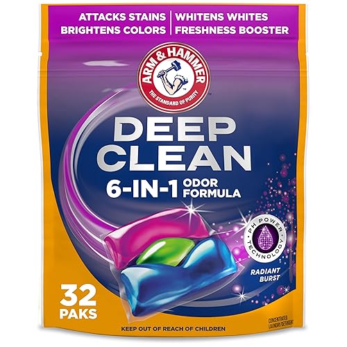 ARM & HAMMER Deep Clean Odor Formula Laundry Detergent Power Paks, Radiant Burst Scent, 32 Count, 32 Loads