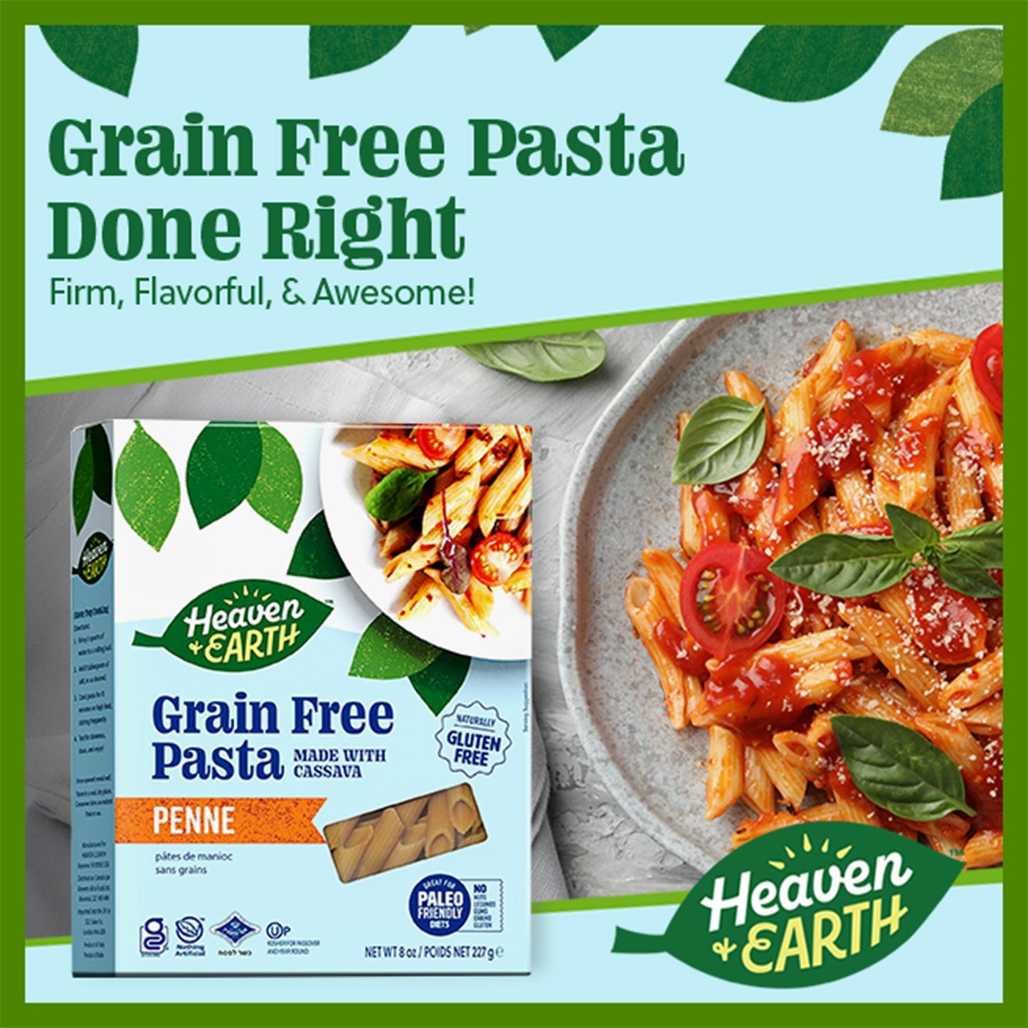 Heaven & Earth Grain Free Pasta, Cassava Penne Pasta, 8oz (3 Pack) | Paleo Pasta | Vegan | Certified Gluten Free | Kosher for Passover