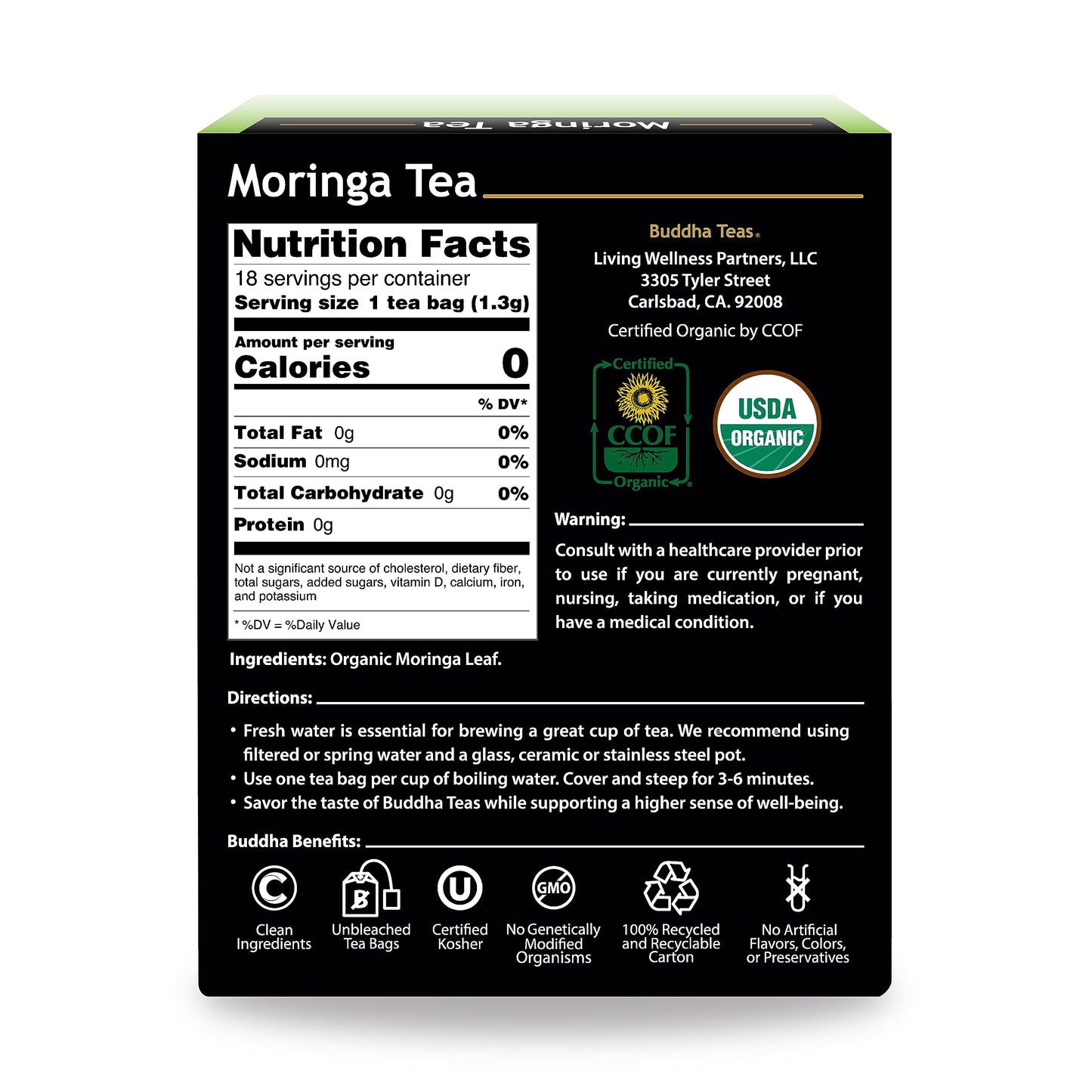Buddha Teas - Moringa Tea - Herbal Tea - Source of Essential Vitamins & Minerals - Natural Ingredients - Caffeine Free - OU Kosher - 18 Tea Bags (Pack