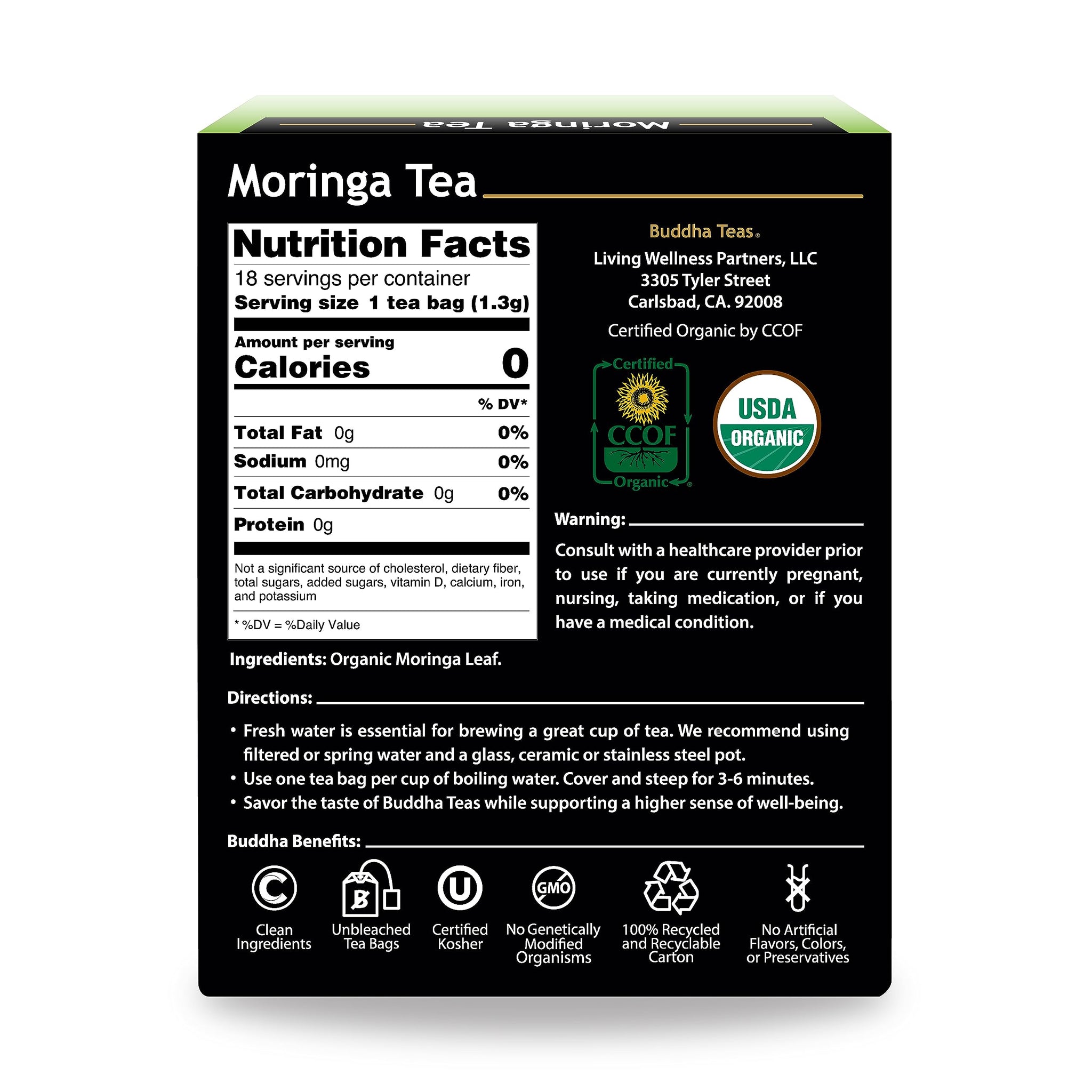 Buddha Teas - Moringa Tea - Herbal Tea - Source of Essential Vitamins & Minerals - Natural Ingredients - Caffeine Free - OU Kosher - 18 Tea Bags (Pack