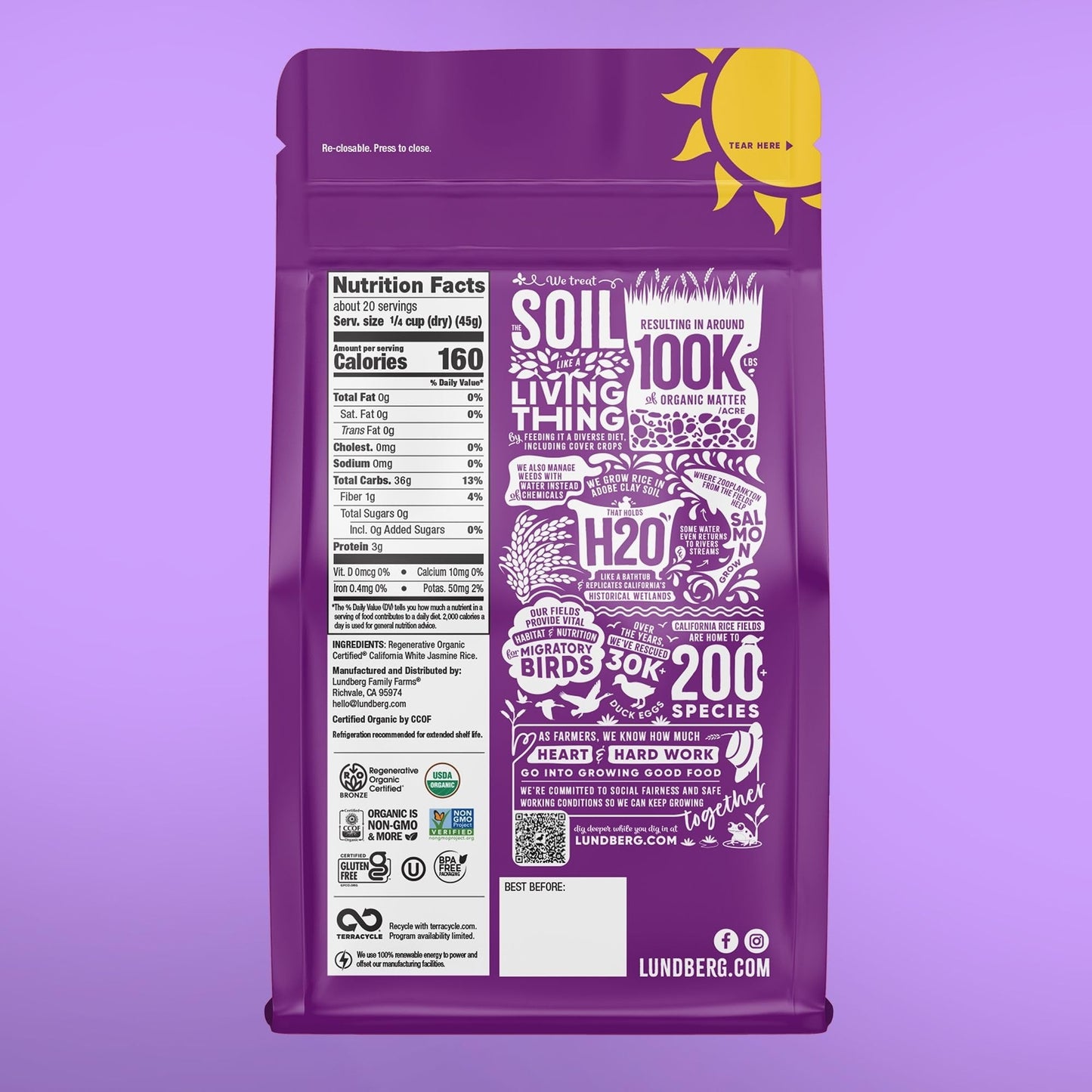 Lundberg Jasmine Rice, Regenerative Organic Certified - Non-Sticky, Aromatic Long-Grain White Rice, Responsibly Grown in California, 32 Oz