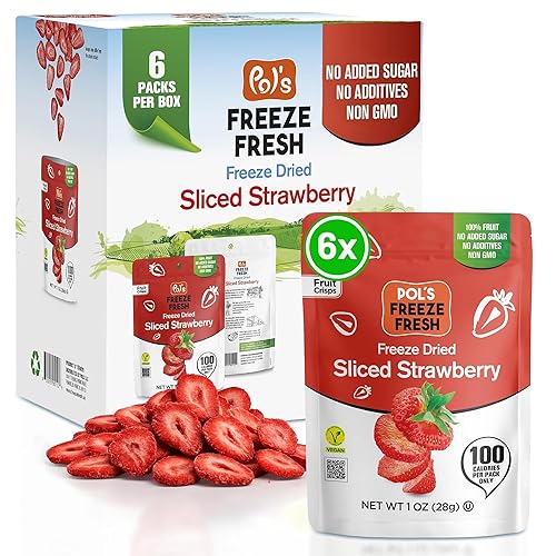 Pol’s Freeze Fresh - 6 Pack Sliced Freeze-Dried Strawberries (1 Oz Each) - No Added Sugar, Non-GMO, Vegan, Gluten-Free Single-Serve Snack Packs