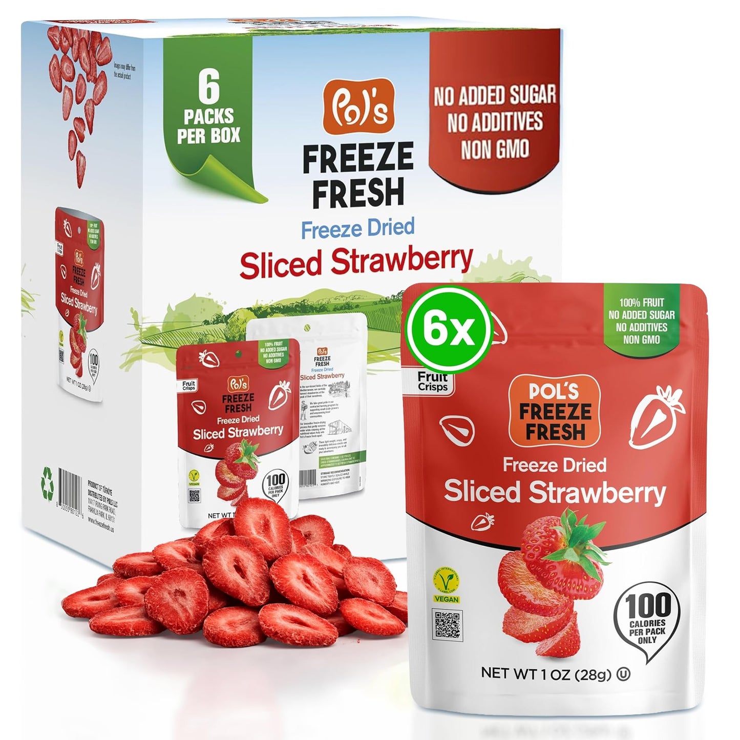Pol’s Freeze Fresh - 6 Pack Sliced Freeze-Dried Strawberries (1 Oz Each) - No Added Sugar, Non-GMO, Vegan, Gluten-Free Single-Serve Snack Packs