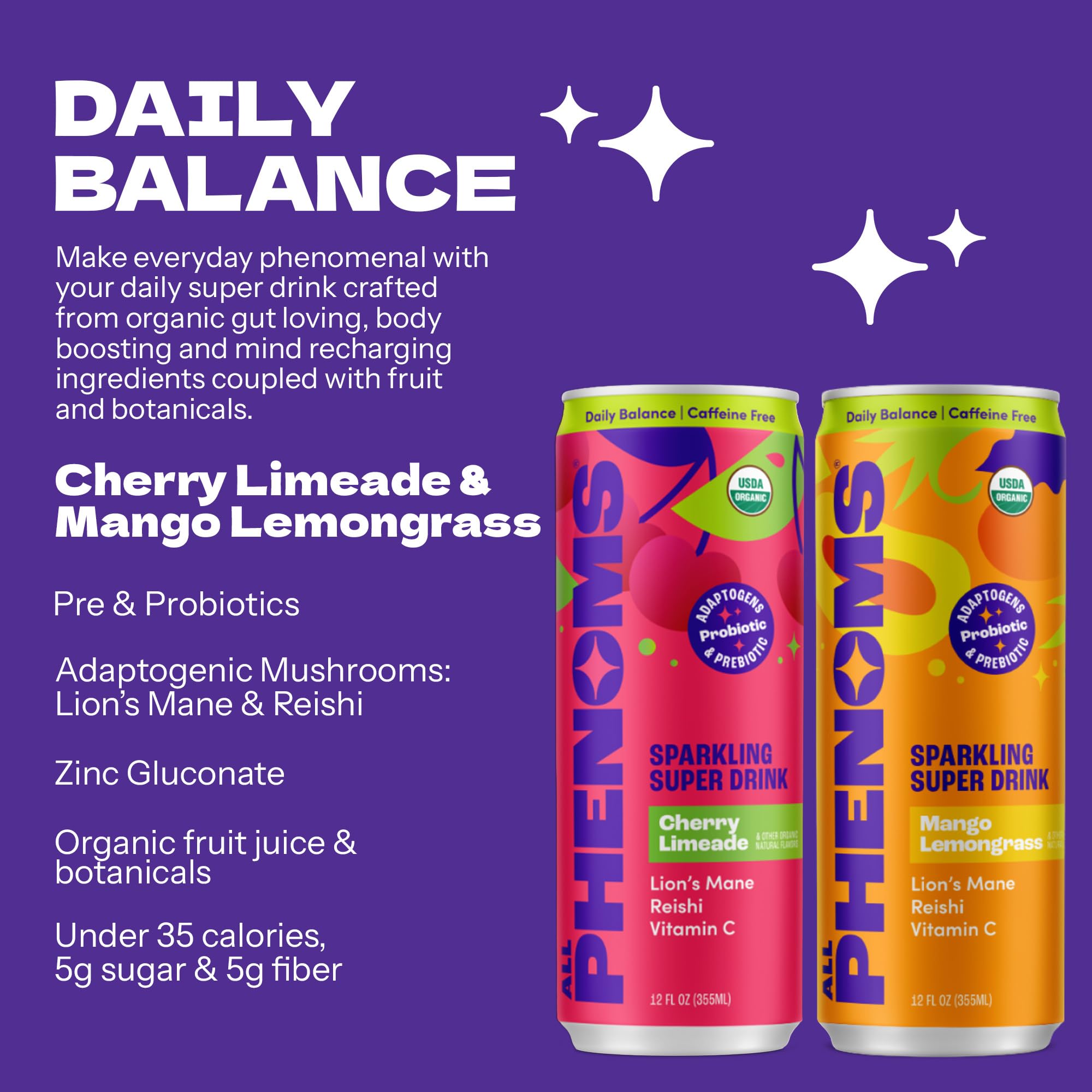 All Phenoms Sparkling Organic Prebiotic & Probiotic Drink - Adaptogen Mushroom Blend (Lions Mane & Reishi), L-Theanine, Caffeine, Fiber, B12, C, Zinc