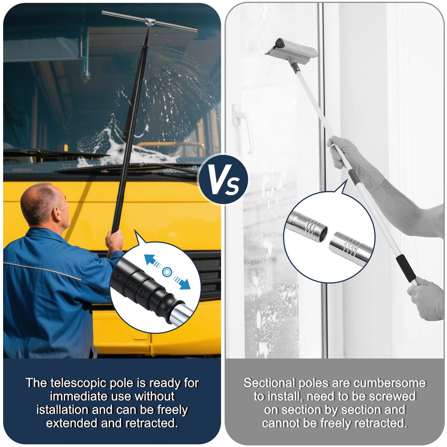 Eahwey 12-51’’ Telescopic Window Squeegee for High Windows, 2-in-1 Window Cleaning Kit with Extra Silicone Blade & Hook, Professional Squeegee