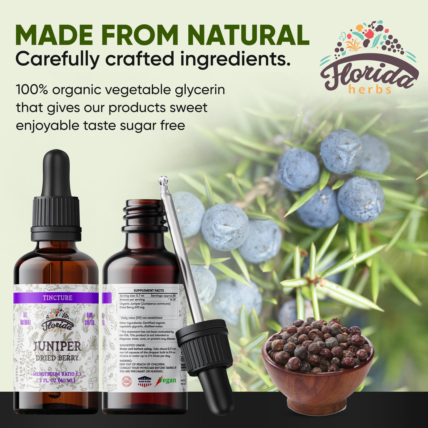 FLORIDA HERBS Juniper Tincture Alcohol-Free, Organic Juniper Berry Extract (Juniperus communis) - Non-GMO in Cold-Pressed Organic Vegetable Glycerin