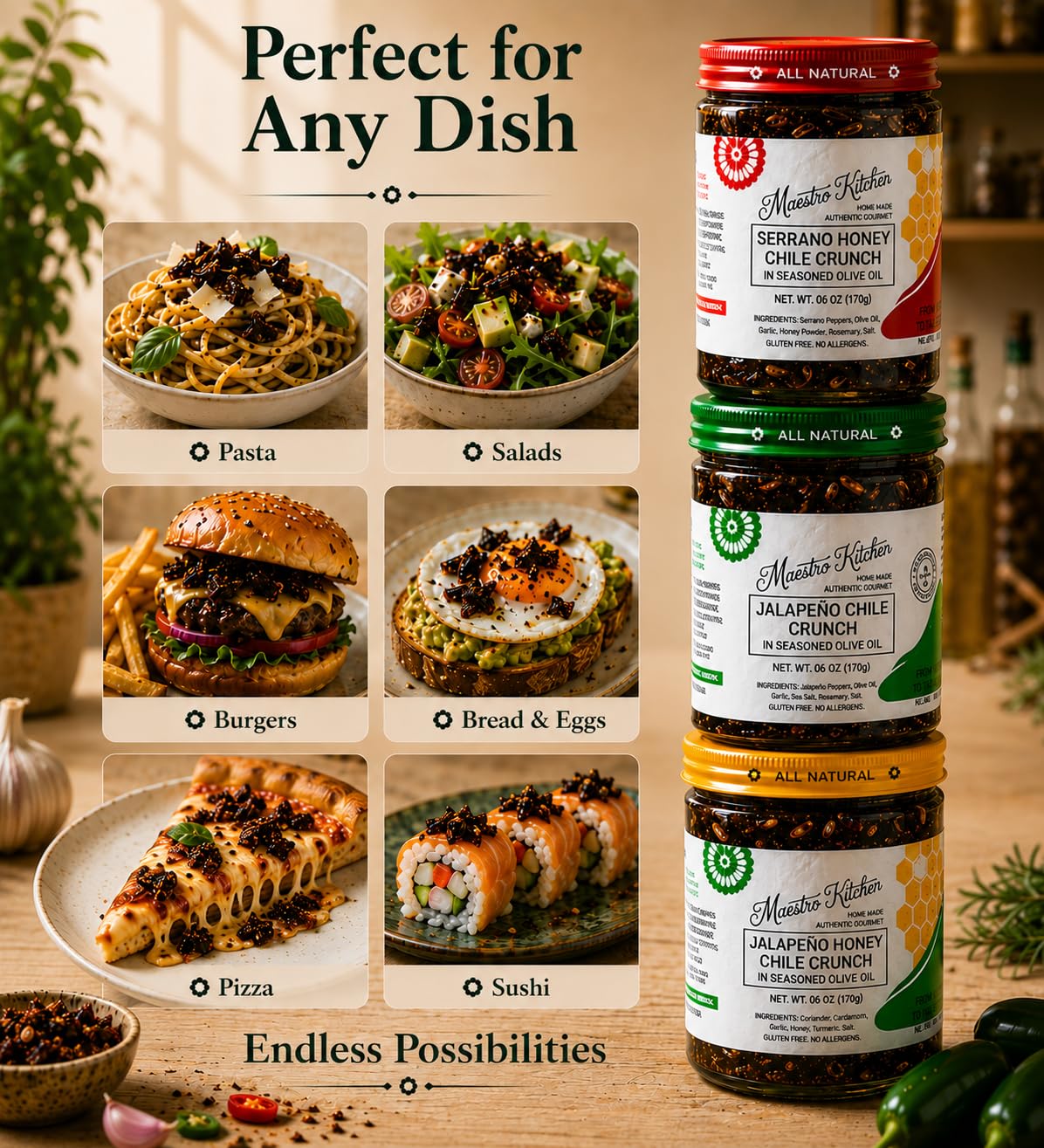 Maestro Kitchen Jalapeño Honey Chile Crunch - Mild Sweet & Spicy Chili Crunch with Olive Oil, Garlic & Rosemary - Crunchy Mexican Chili Oil & Topping