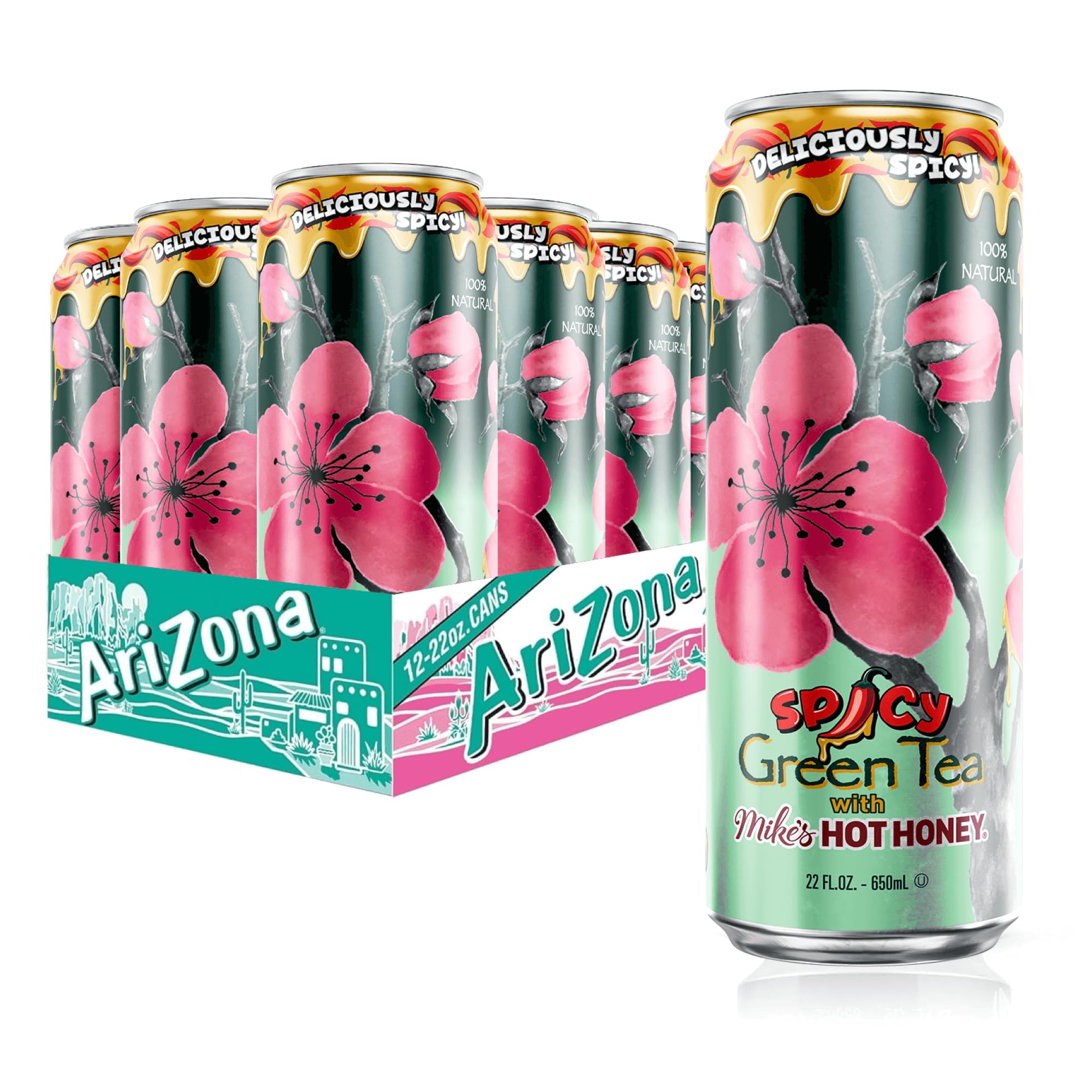 AriZona Spicy Green Tea with Mikes Hot Honey - Big Can, 22 Fl Oz (Pack of 12)