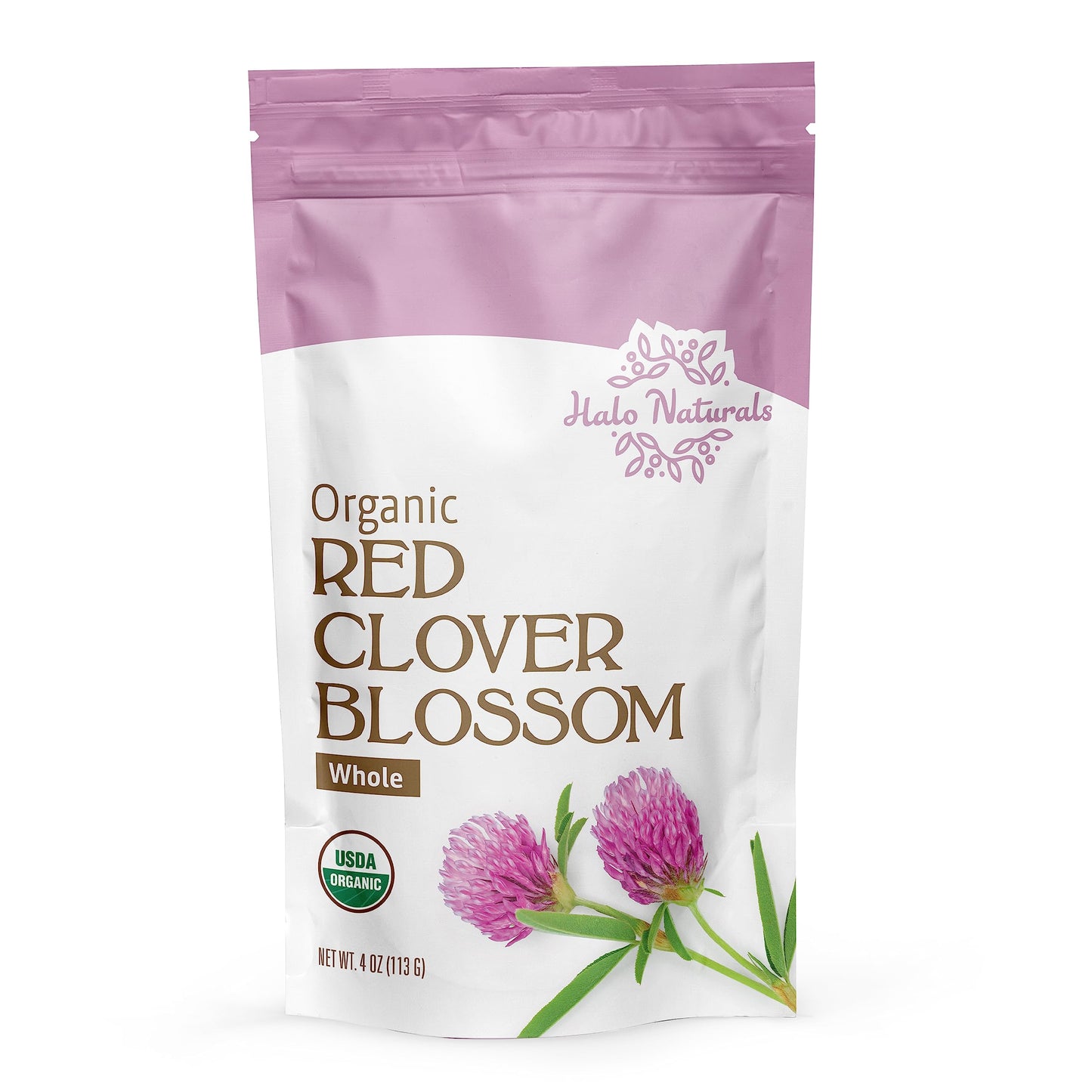 Halo Naturals Organic Red Clover Blossom Whole, 4 Ounces (Trifolium pratense) USDA Certified | Resealable Pouch| Packaged in The USA (Pack of 1)