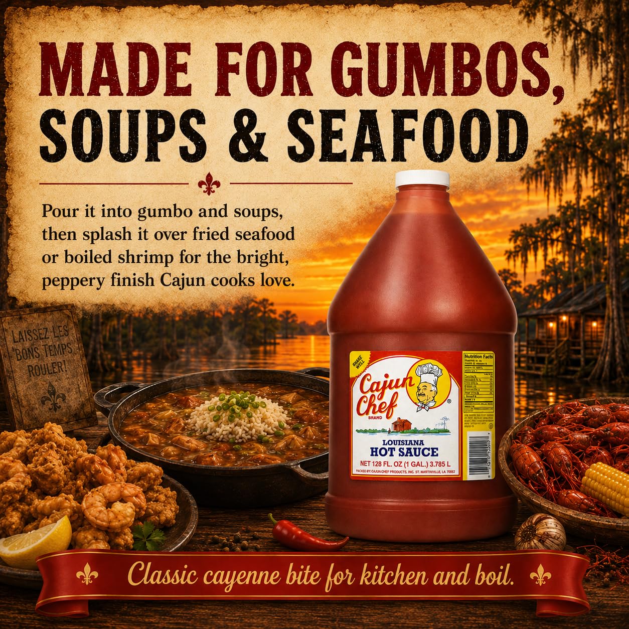 Cajun Chef Louisiana Hot Sauce 1 Gallon, 128 fl oz Cajun Cayenne Pepper Sauce, Mild Heat Hot Sauce for Gumbo, Seafood, Soups, Wings, BBQ, Pizza