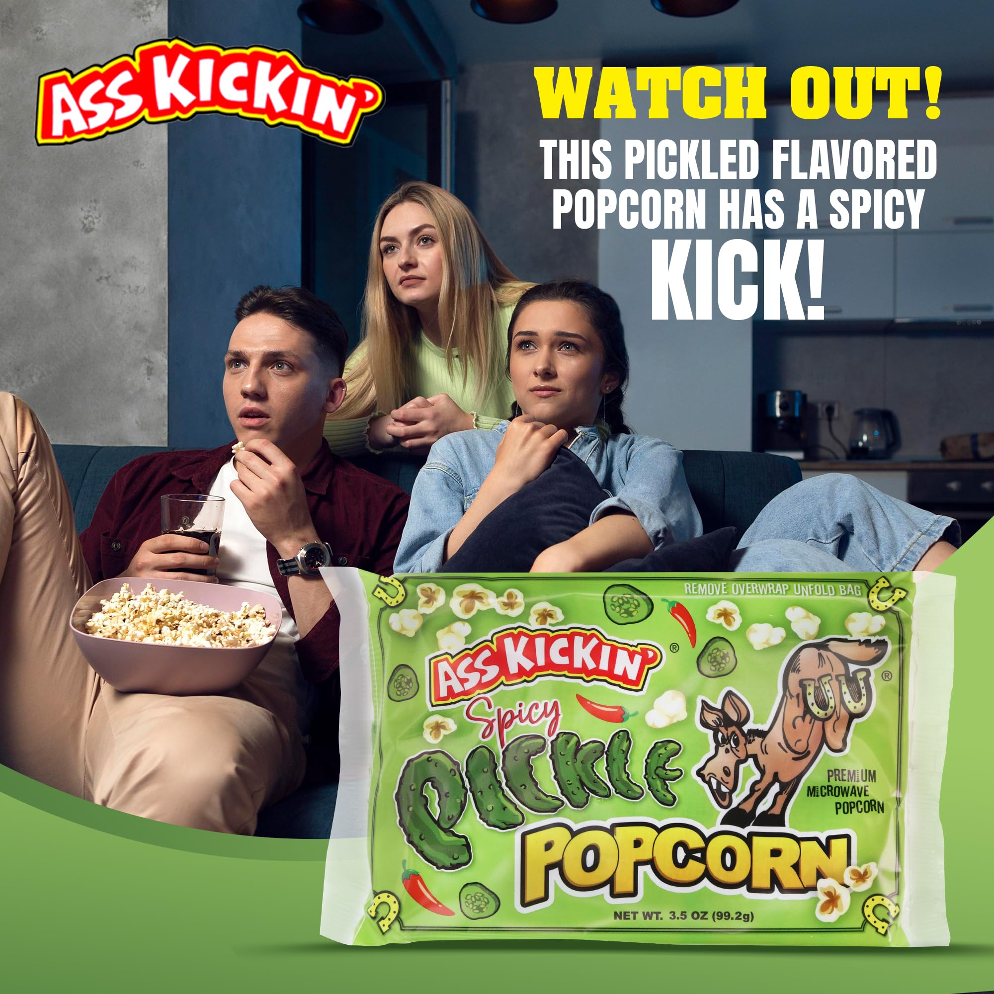 ASS KICKIN' Spicy Pickle Microwave Popcorn Bags - 6 Pack - Ultimate Spicy Pickle Gourmet Popcorn Gift - Makes a Great Movie Theater Popcorn or Snack
