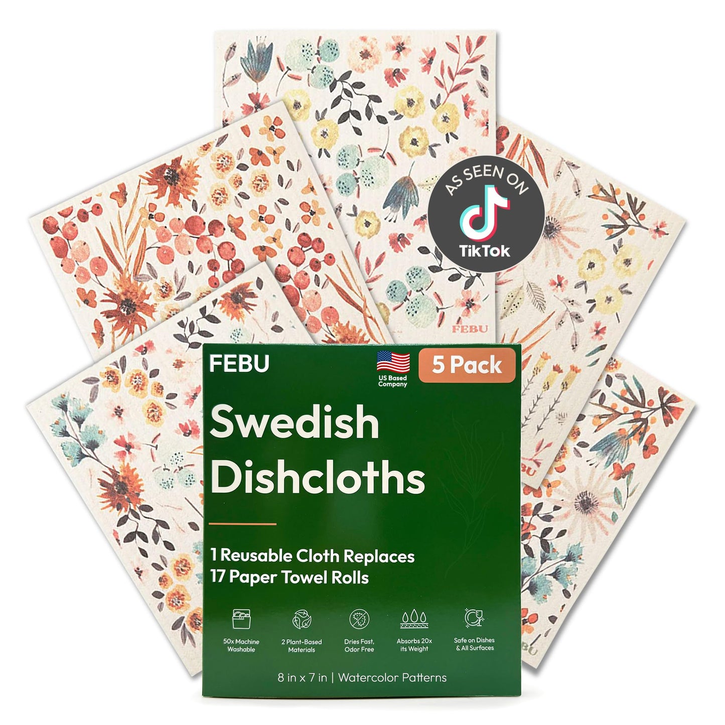 FEBU Swedish Dishcloths for Kitchen | 5 Pack Watercolor Reusable Paper Towels Washable | Swedish Dish Towels | Non-Scratch Cellulose Sponge Cloths |