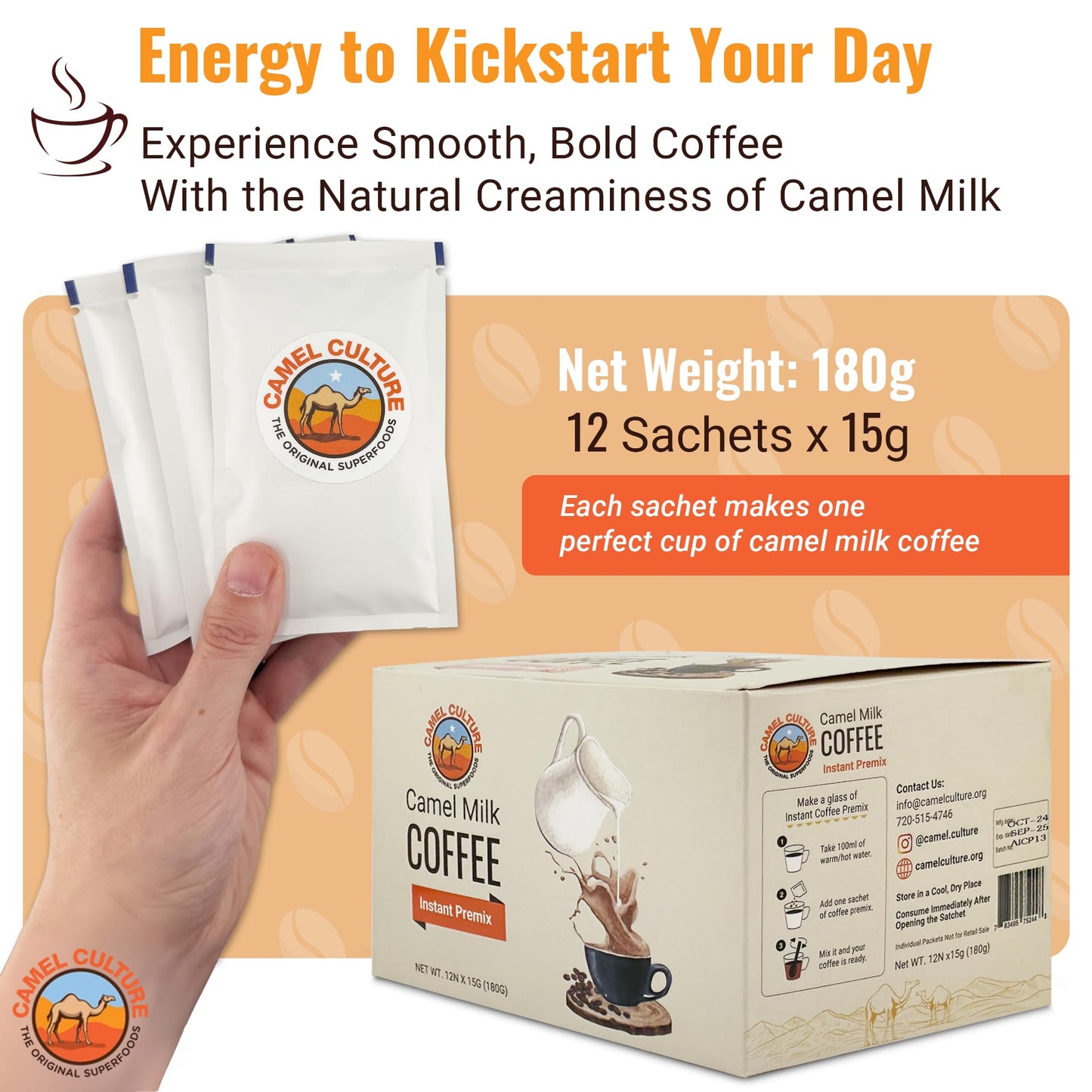 Camel Milk Instant Powdered Coffee Premix - 12 Single Serve Coffee Sachets - Nutrient-Rich Blend & Immune-Boosting Instant Coffee Powder - On-the-Go