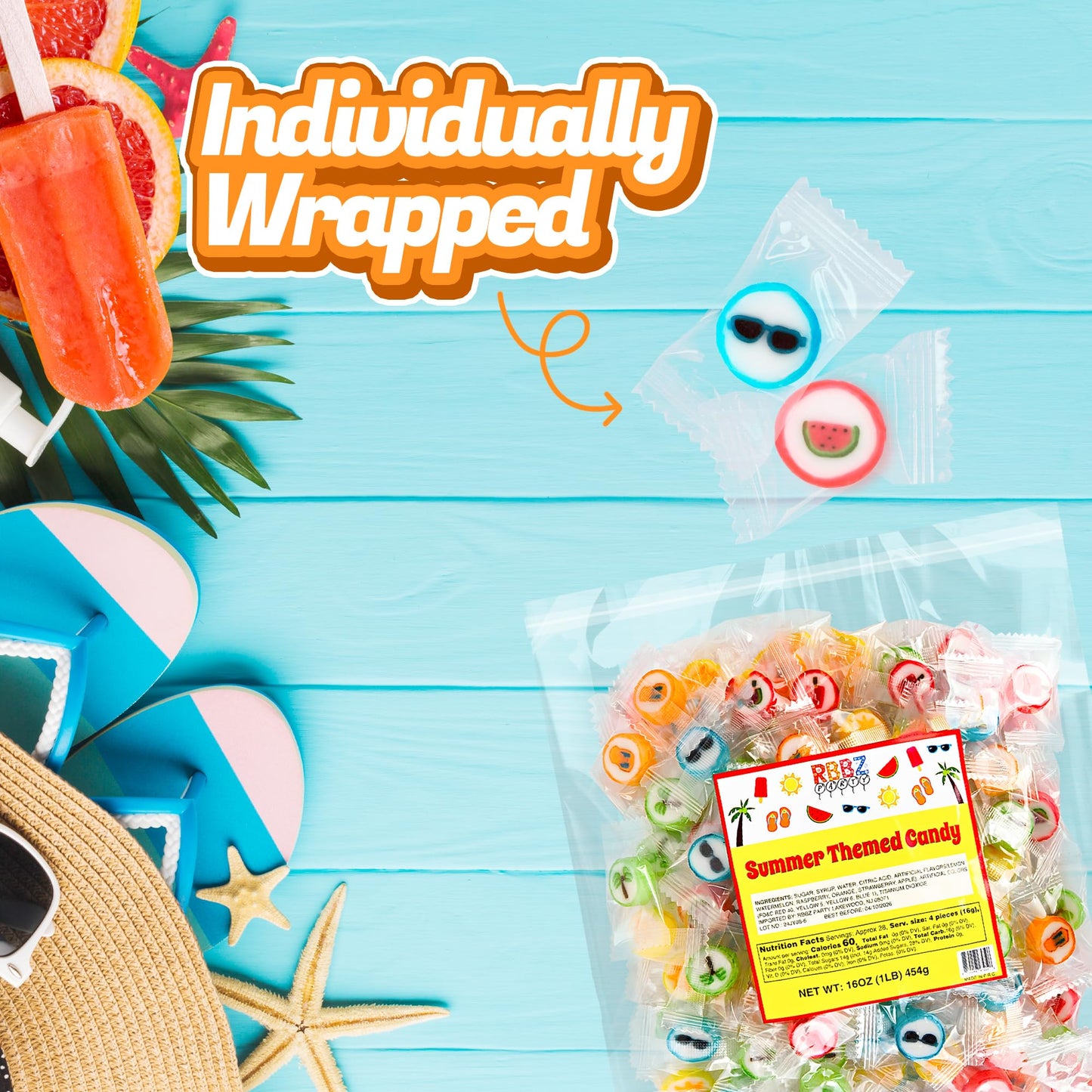 Summer Candy - Hard Candy Bulk 1 lb Bag of Individually Wrapped Small Candies Assortment (approx. 116 pcs) Great for Office Bowls- Summer Party Favors