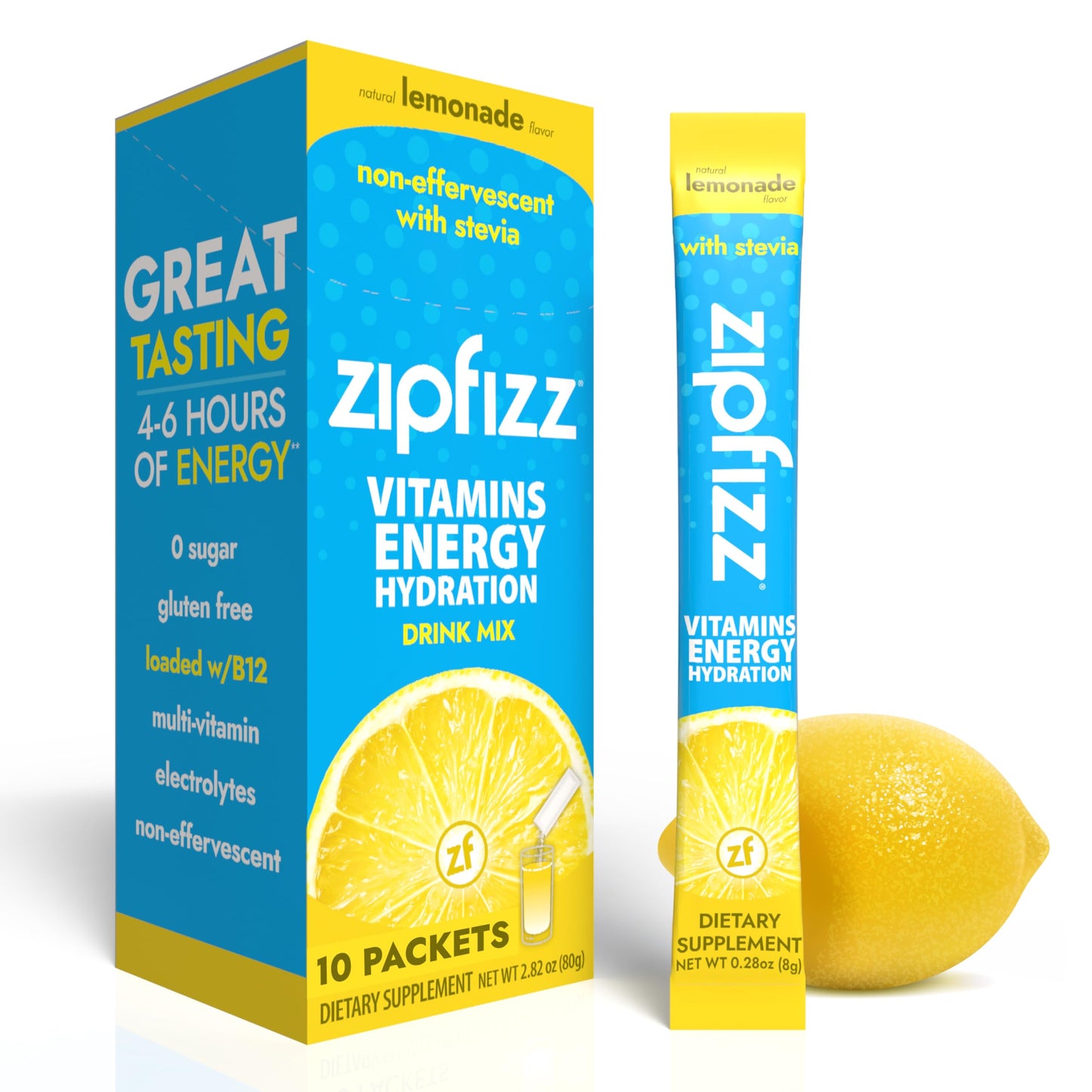 Zipfizz Stevia Energy Drink Powder, Lemonade, 10 Pack - 3-in-1 Sustained Energy, Rapid Hydration & Essential Vitamins - Sugar-Free, Non-Effervescent