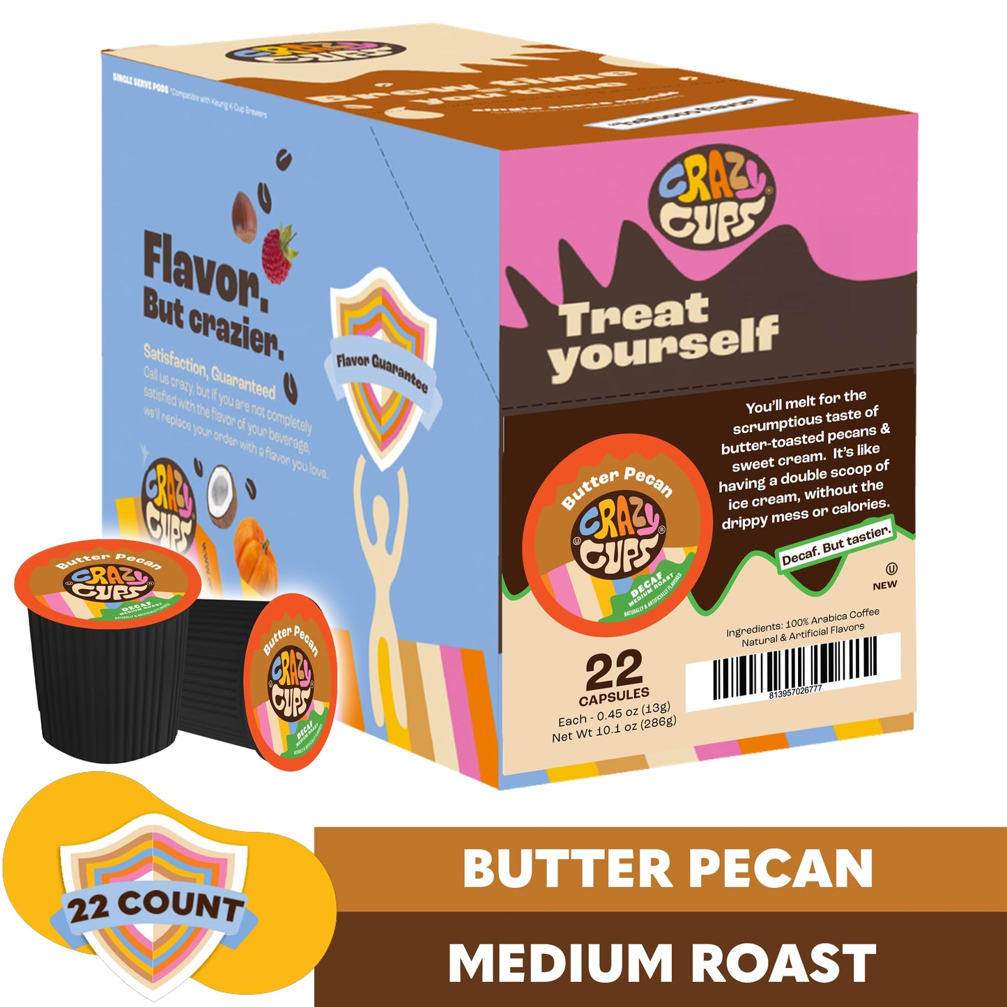 Crazy Cups Flavored Decaf Coffee Pods, Decaf Butter Pecan Coffee, Decaf K Cups for Keurig K Cups Machines, Hot or Iced, Single Serve Decaffeinated in