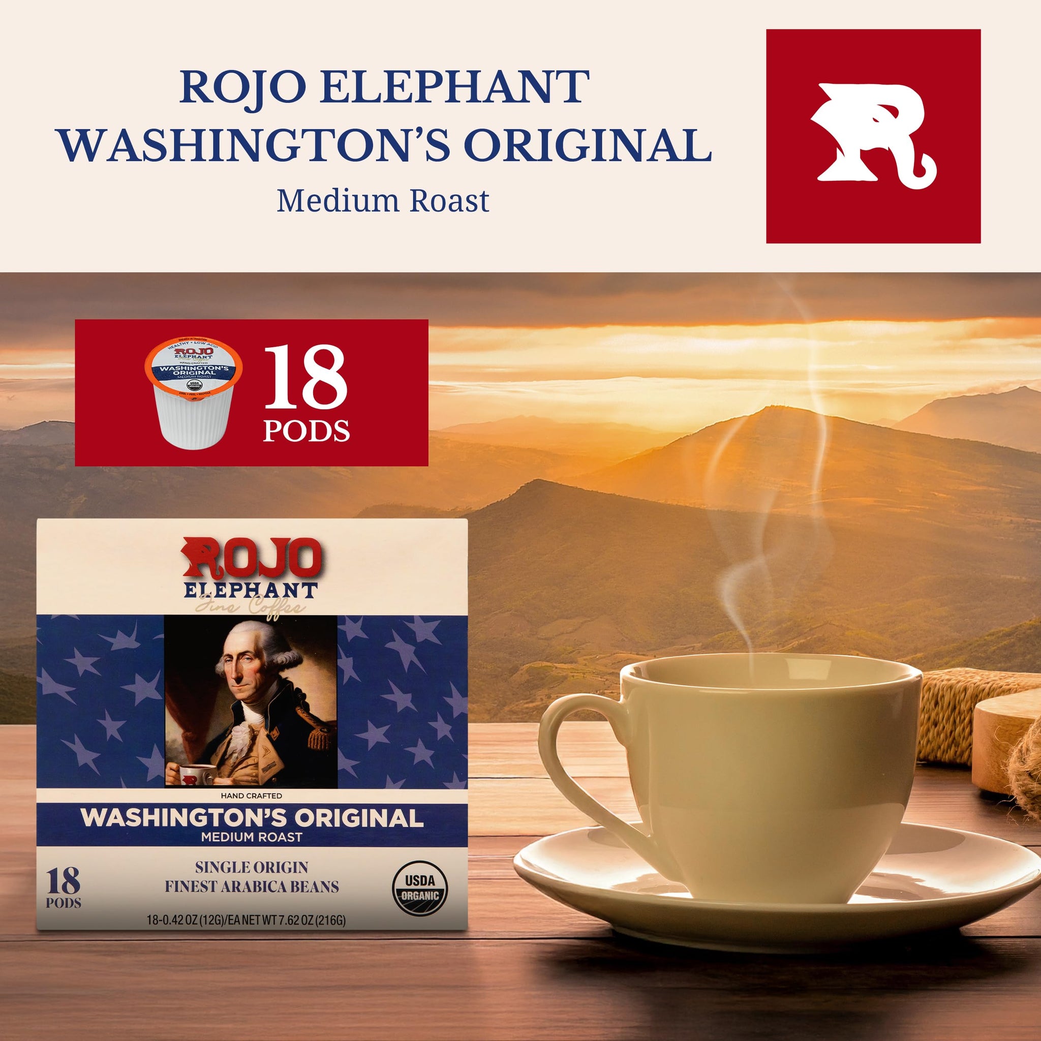 Rojo Elephant Washington’s Original Low-Acid Compatible Replacement for K-Cup Pods, Medium Roast, Premium Coffee, USDA Organic, 12g per Capsule, 18