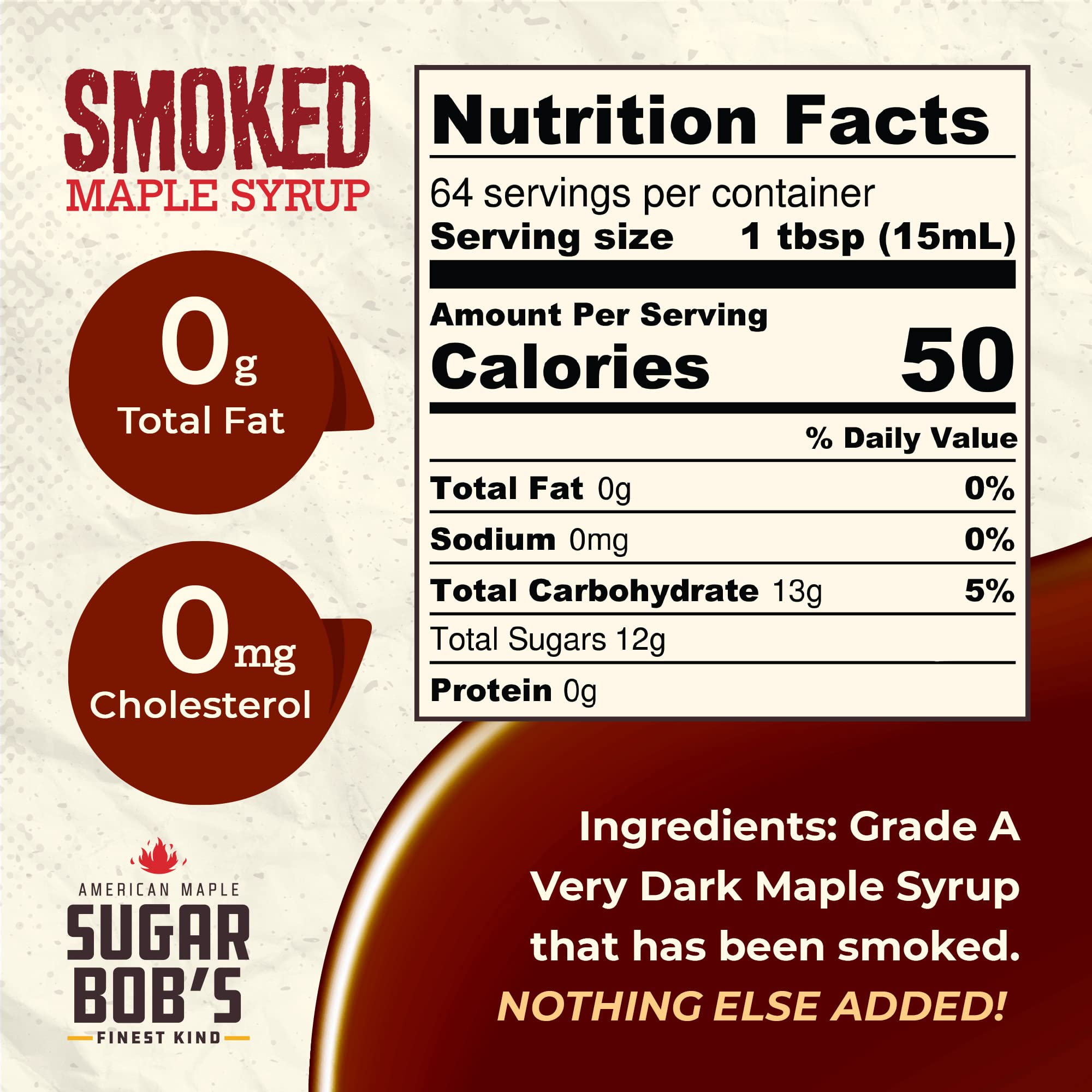 Sugar Bob's Finest Kind - Smoked Maple Syrup - Glaze, Marinade, Cocktail Mixer, 32 fl oz - Made in Vermont