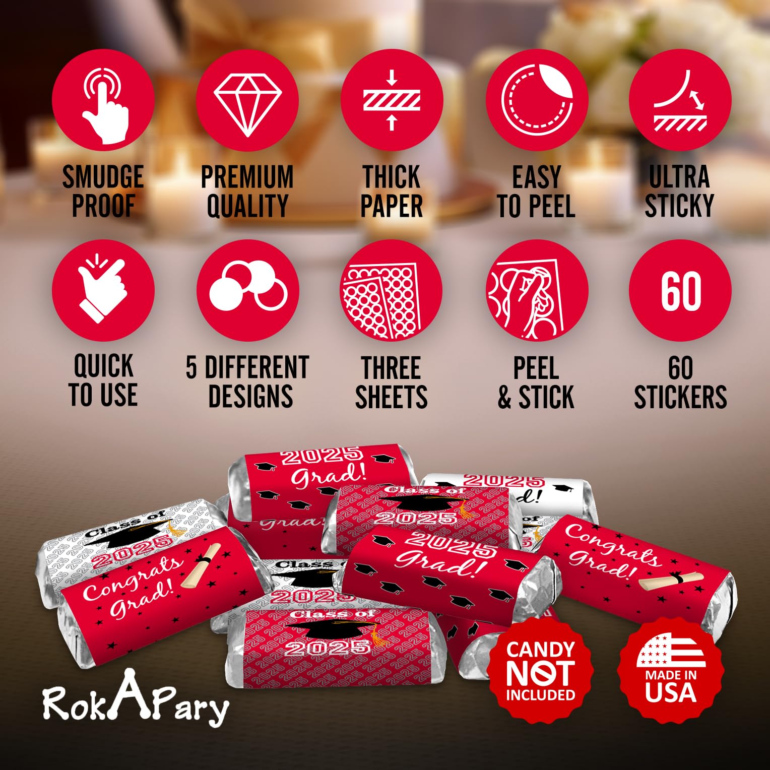 60 New Graduation Cap Party Class of 2026 Miniatures Candy Bar Wrapper, Mini Candy Chocolate Bar Stickers, Labels, Candy Not Included, Color Red. Made