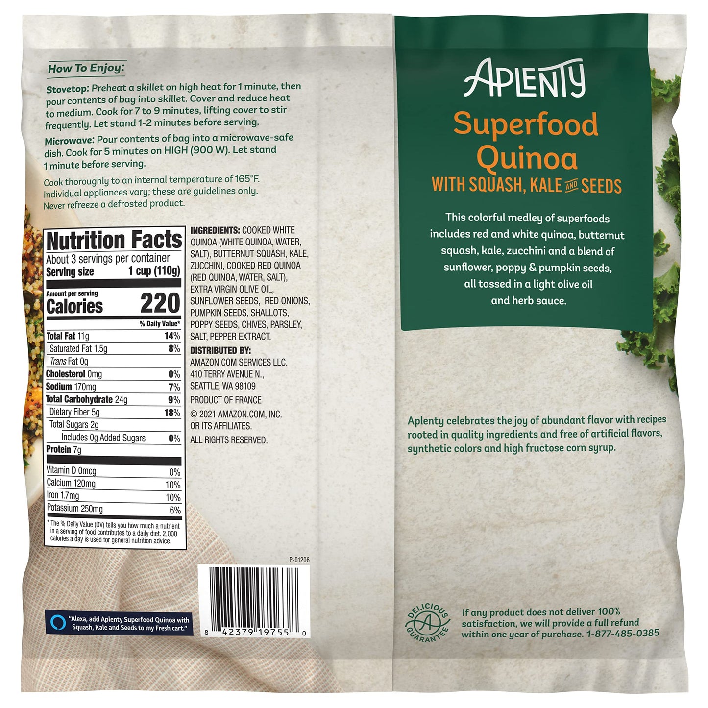 Amazon Brand - Aplenty, Superfood Quinoa with Squash, Kale and Seeds, 12 oz (Frozen)