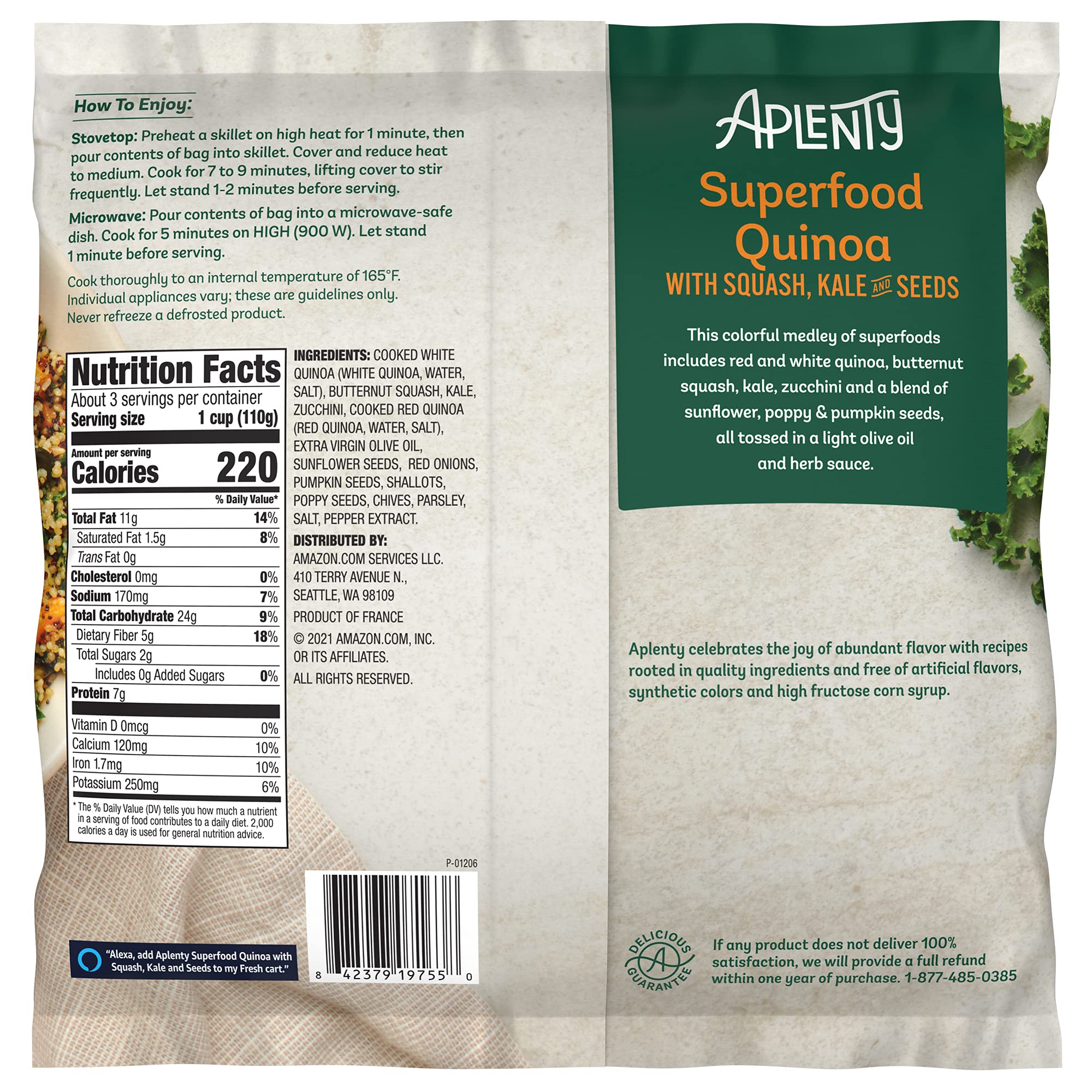 Amazon Brand - Aplenty, Superfood Quinoa with Squash, Kale and Seeds, 12 oz (Frozen)