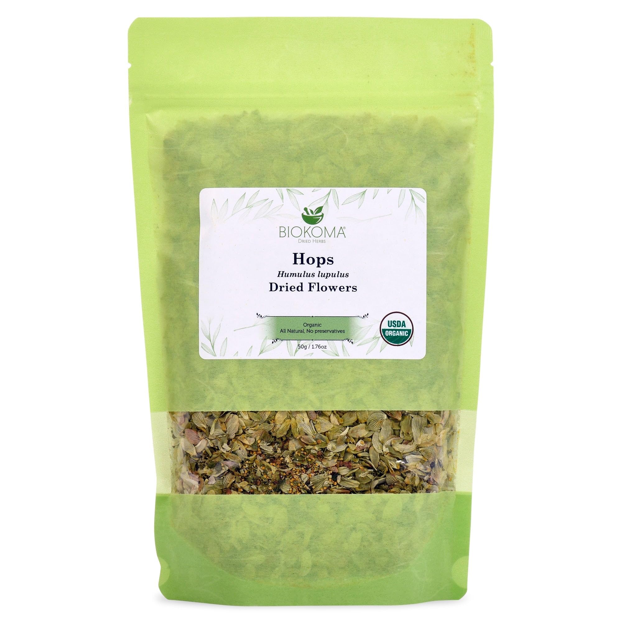 Biokoma Organic Hops Dried Flowers 1.76oz - USDA Organic Herbal Tea - Dried Humulus lupulus Loose Flowers - Resealable Moisture Proof Pouch - No