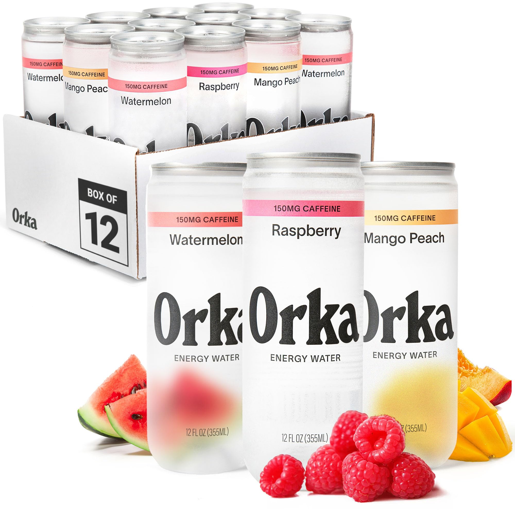 Orka Energy Water - Sugar-Free, Zero-Calorie, Non-Carbonated Caffeinated Water (12oz Cans, Variety Pack) | 150mg Natural Caffeine + Natural L-Theanine