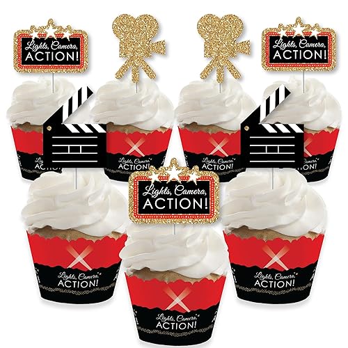 Big Dot of Happiness Red Carpet - Cupcake Decoration - Movie Night Party Cupcake Wrappers and Treat Picks Kit - Set of 24