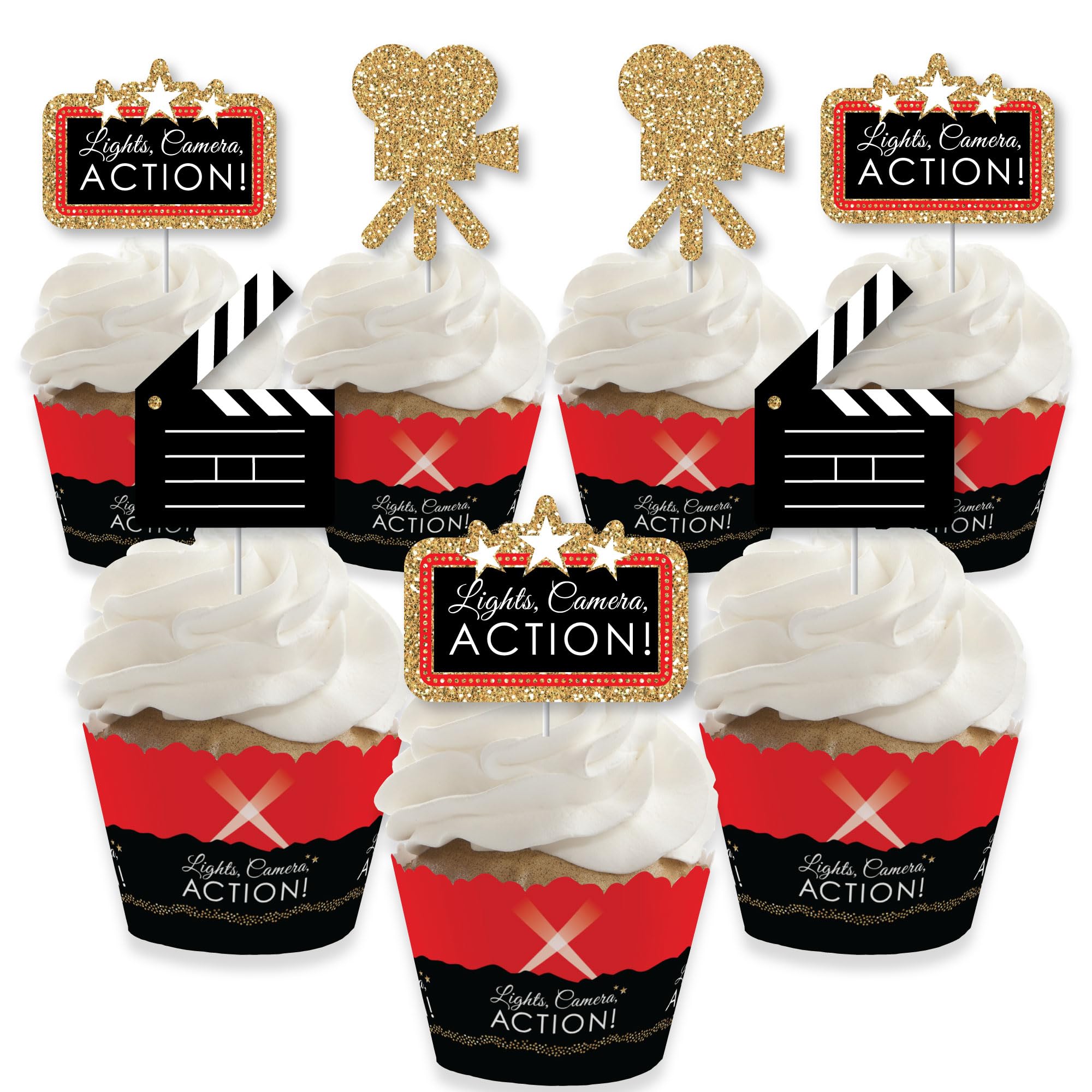 Big Dot of Happiness Red Carpet - Cupcake Decoration - Movie Night Party Cupcake Wrappers and Treat Picks Kit - Set of 24