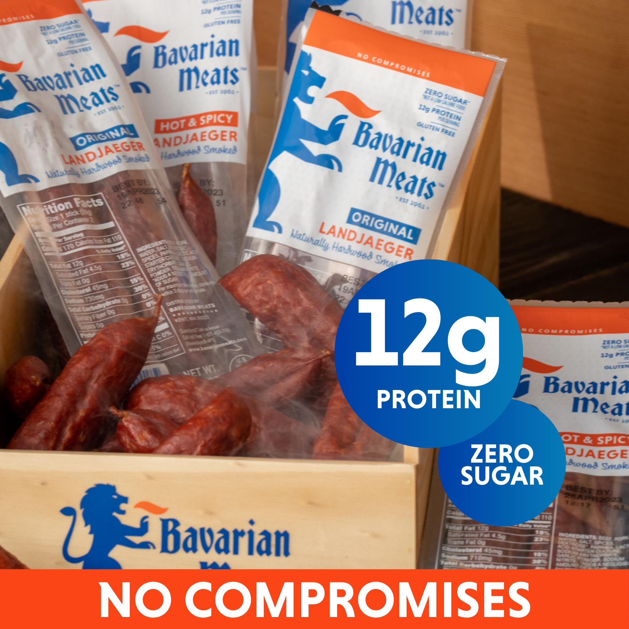 Bavarian Meats Landjaeger Meat Sticks, Smoked Sausage Protein Snacks, Zero Sugar, Great Source of Protein, Gluten Free, Keto Friendly Low Carb Snack