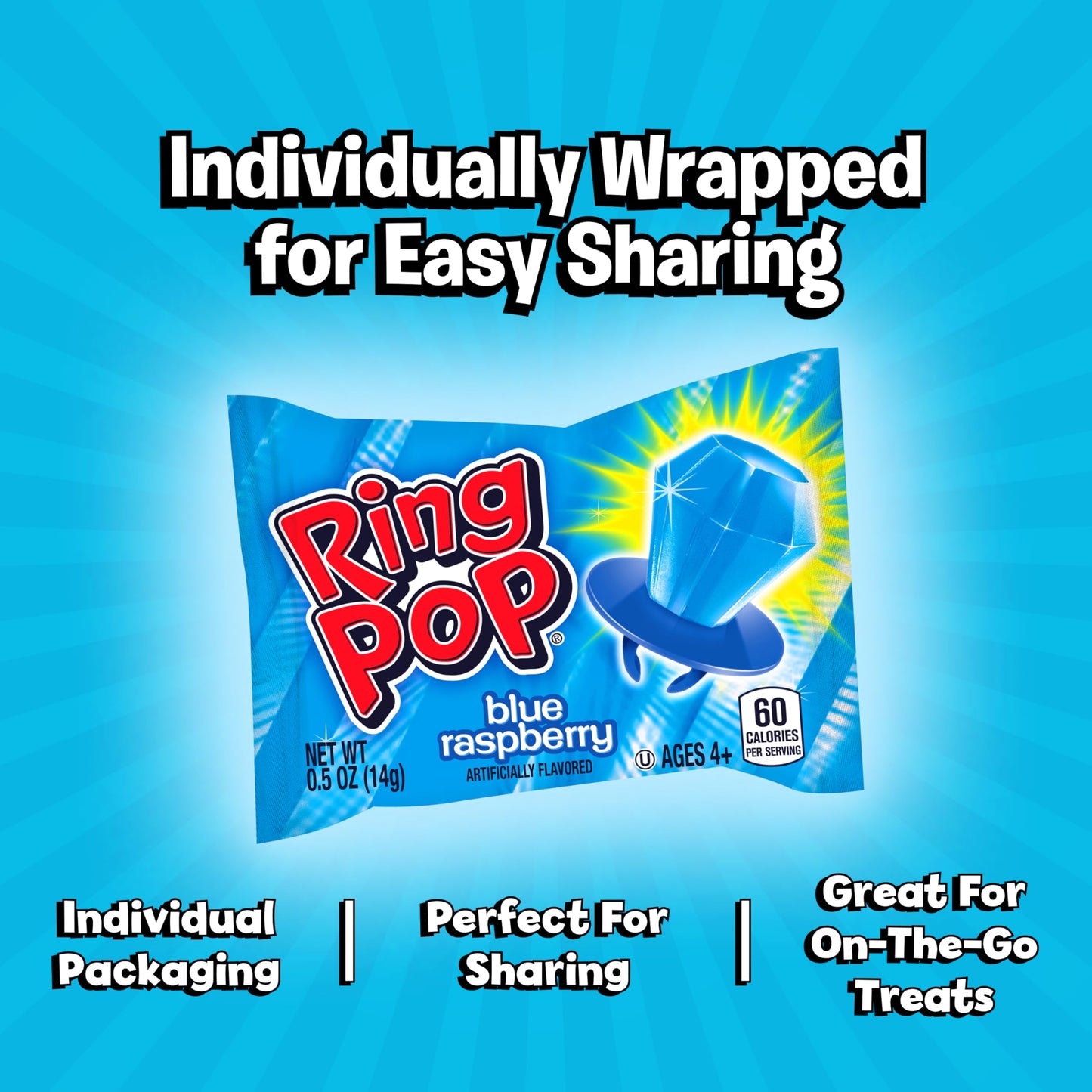 Ring Pop Individually Wrapped Blue Raspberry 30 Count Bulk Lollipop Pack - Blue Raspberry Flavored Lollipop Suckers for Kids - Fun Candy Bulk