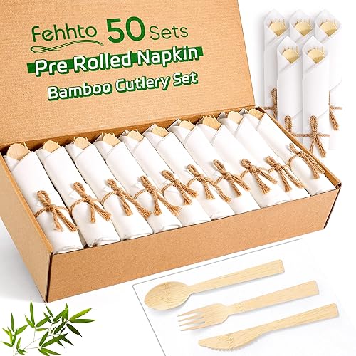 FEHHTO Napkin and Bamboo Cutlery Set, Compostable Utensils Disposable Cutlery for Party, Wedding, BBQ, Camping, Events-50 Pack (Forks, Knives, Spoons