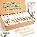 FEHHTO Napkin and Bamboo Cutlery Set, Compostable Utensils Disposable Cutlery for Party, Wedding, BBQ, Camping, Events-50 Pack (Forks, Knives, Spoons
