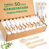 FEHHTO Napkin and Bamboo Cutlery Set, Compostable Utensils Disposable Cutlery for Party, Wedding, BBQ, Camping, Events-50 Pack (Forks, Knives, Spoons