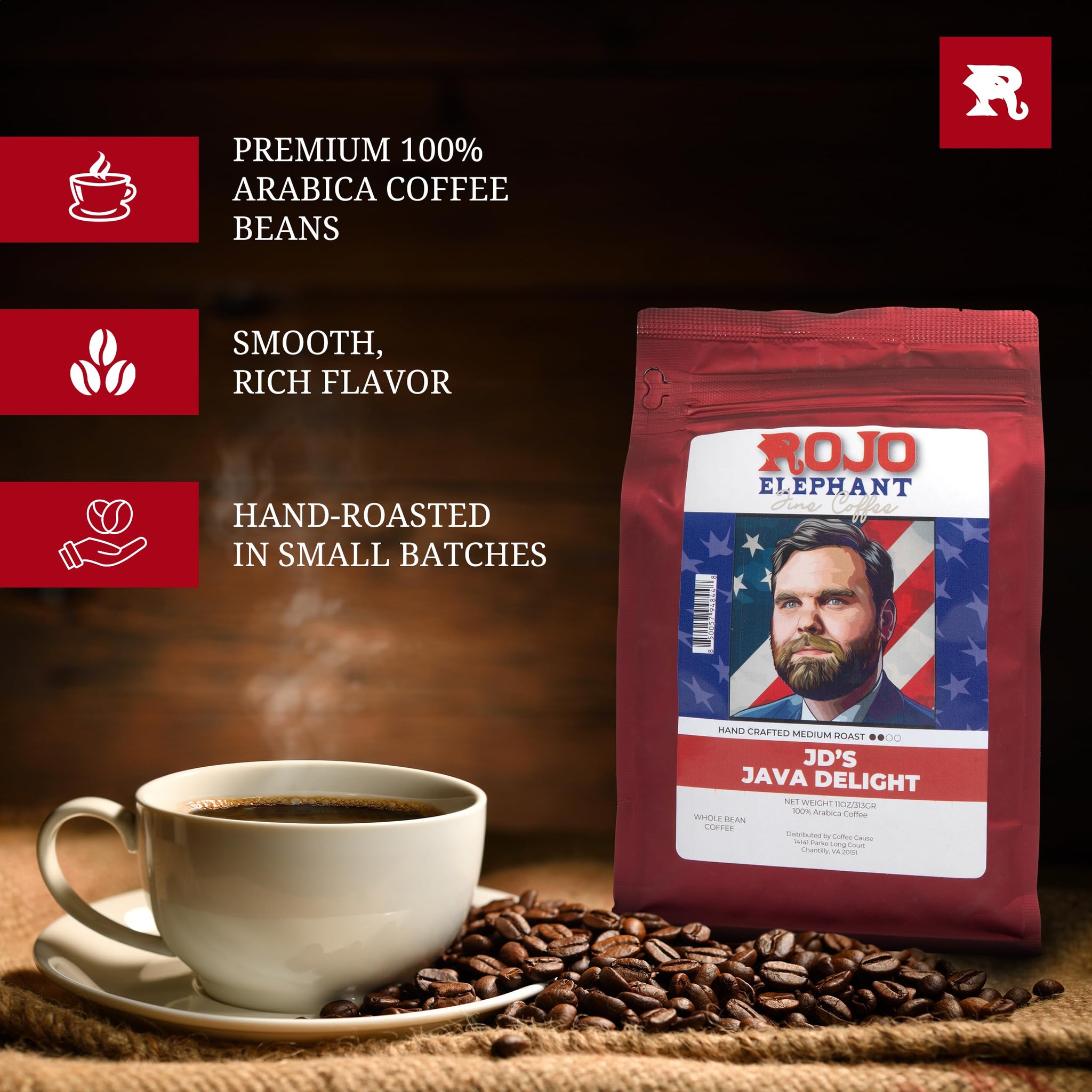 Rojo Elephant J.D.'s Java Delight Handcrafted Whole Bean Coffee, 100% Arabica Beans, Premium Light-Medium Roast, Smooth, Rich Flavor, 11 oz Bag