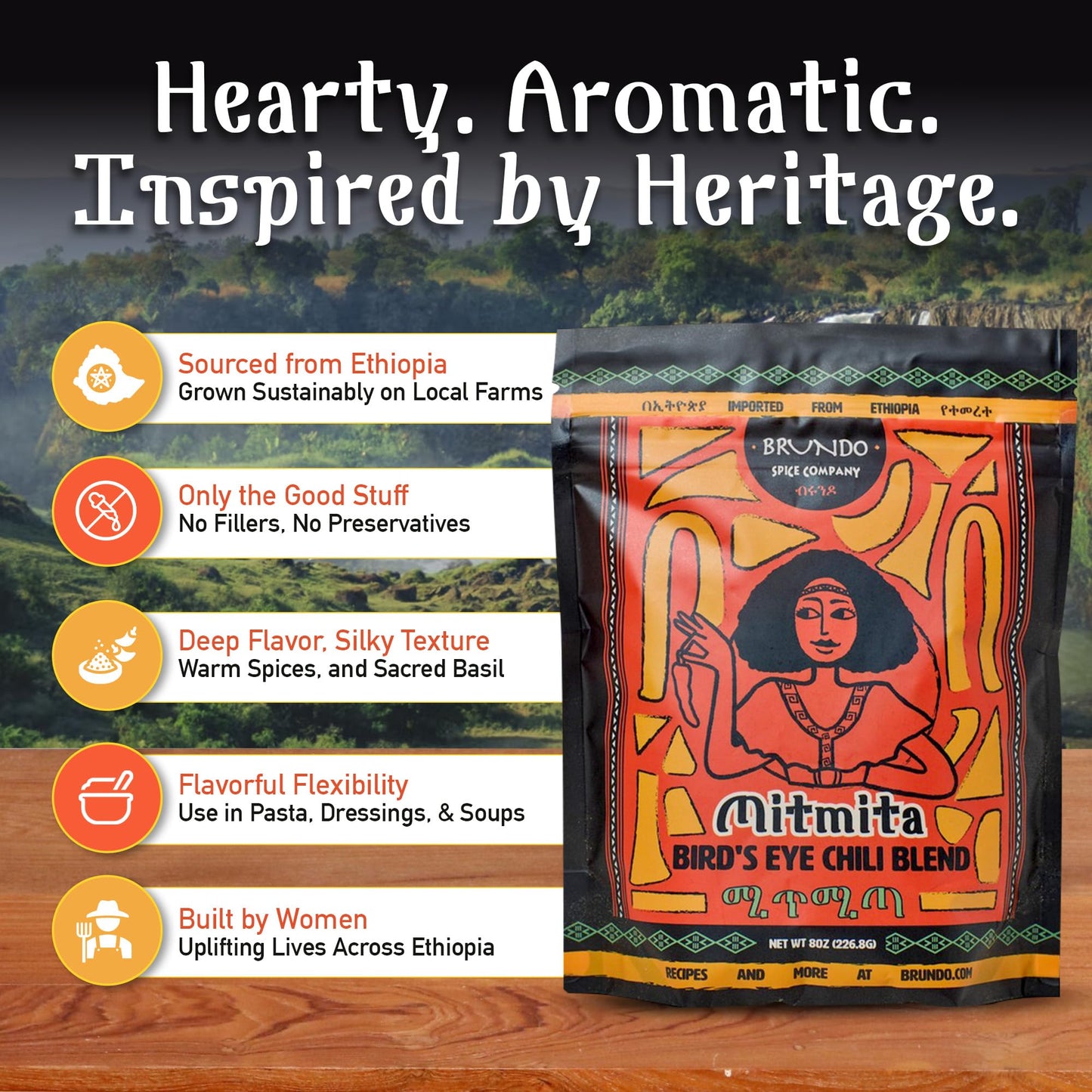 Brundo Ethiopian Spice Company Mitmita | Imported Authentic Ethiopian Spice Blend With Bird's Eye Chili Pepper (8 oz) | Processed in and Imported from
