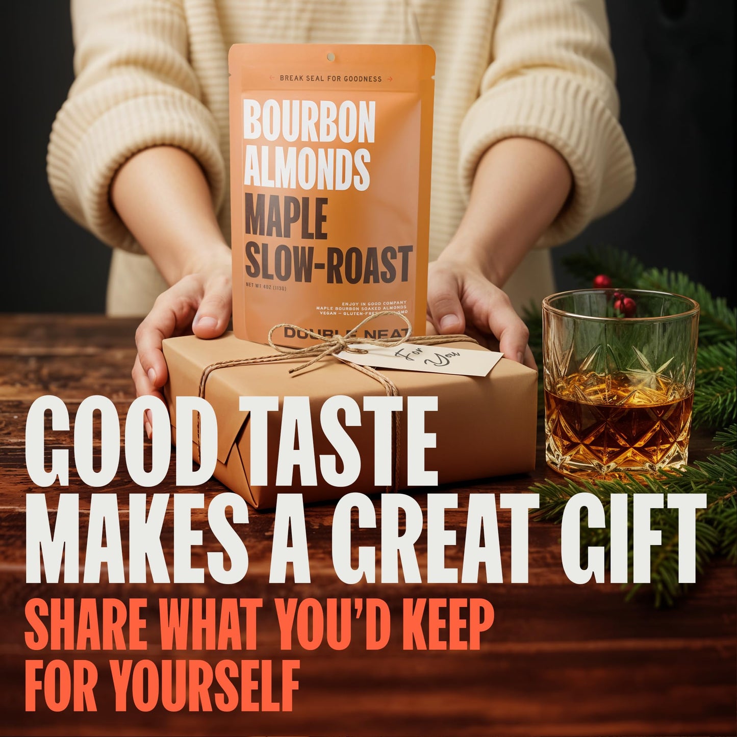 Double Neat Maple Bourbon Almonds - Healthy Fathers Day Snacks Gift - Bourbon Snacks for Men - Vegan & Gluten-Free - Slow-Roasted Candied Almonds