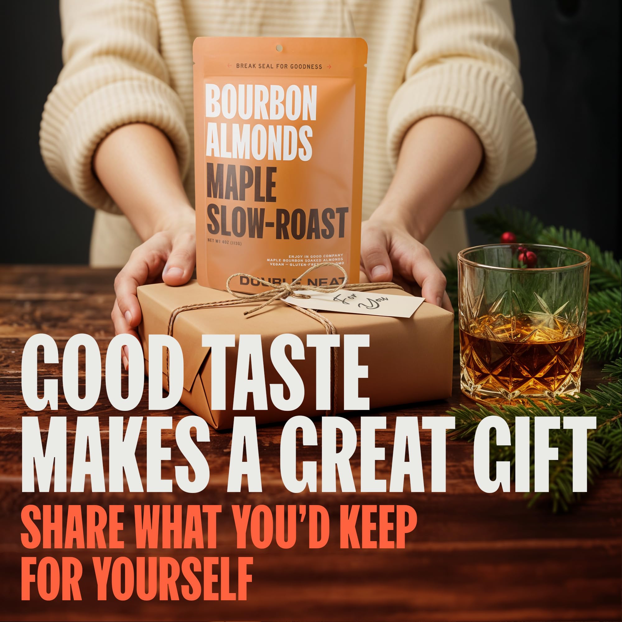 Double Neat Maple Bourbon Almonds - Healthy Fathers Day Snacks Gift - Bourbon Snacks for Men - Vegan & Gluten-Free - Slow-Roasted Candied Almonds