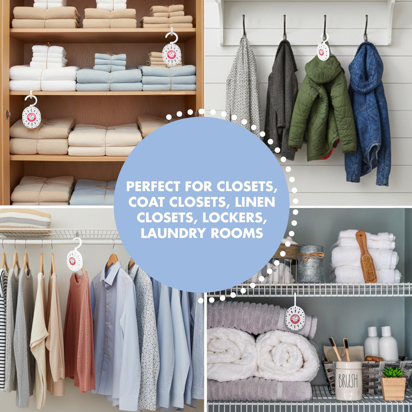 Arm & Hammer OdorBusterz ClosetMATE™, White Linen, 4 Count - Hanging Odor Absorber with Baking Soda, 360° Rotating Hook for Closets, Lockers & Storage
