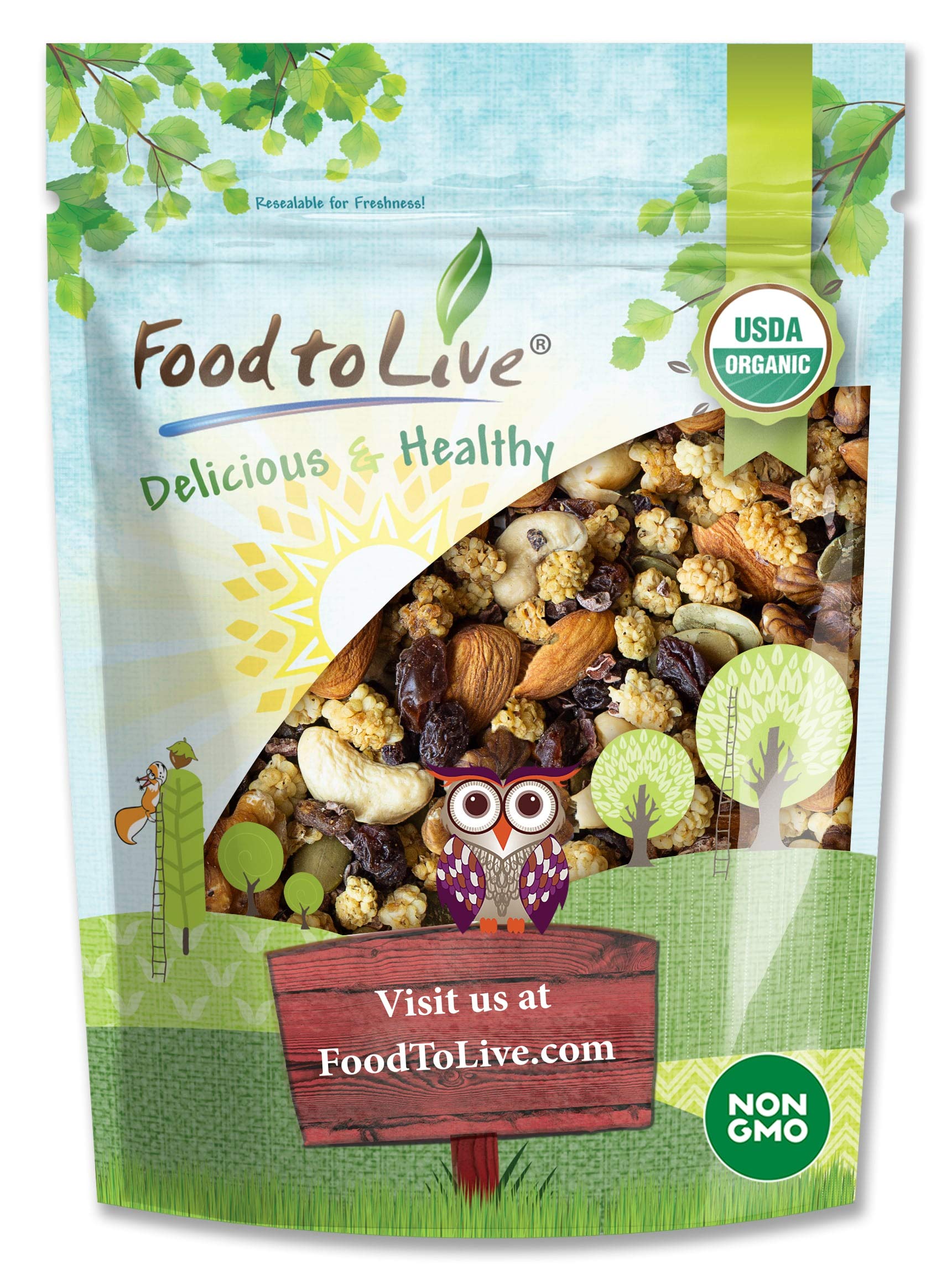 Food to Live Organic Snack Wise Trail Mix, 8 Ounces - Raw and Non-GMO Contains Cacao Nibs, Raisins, Almonds, Cashews, Walnuts, Mulberries, Pumpkin