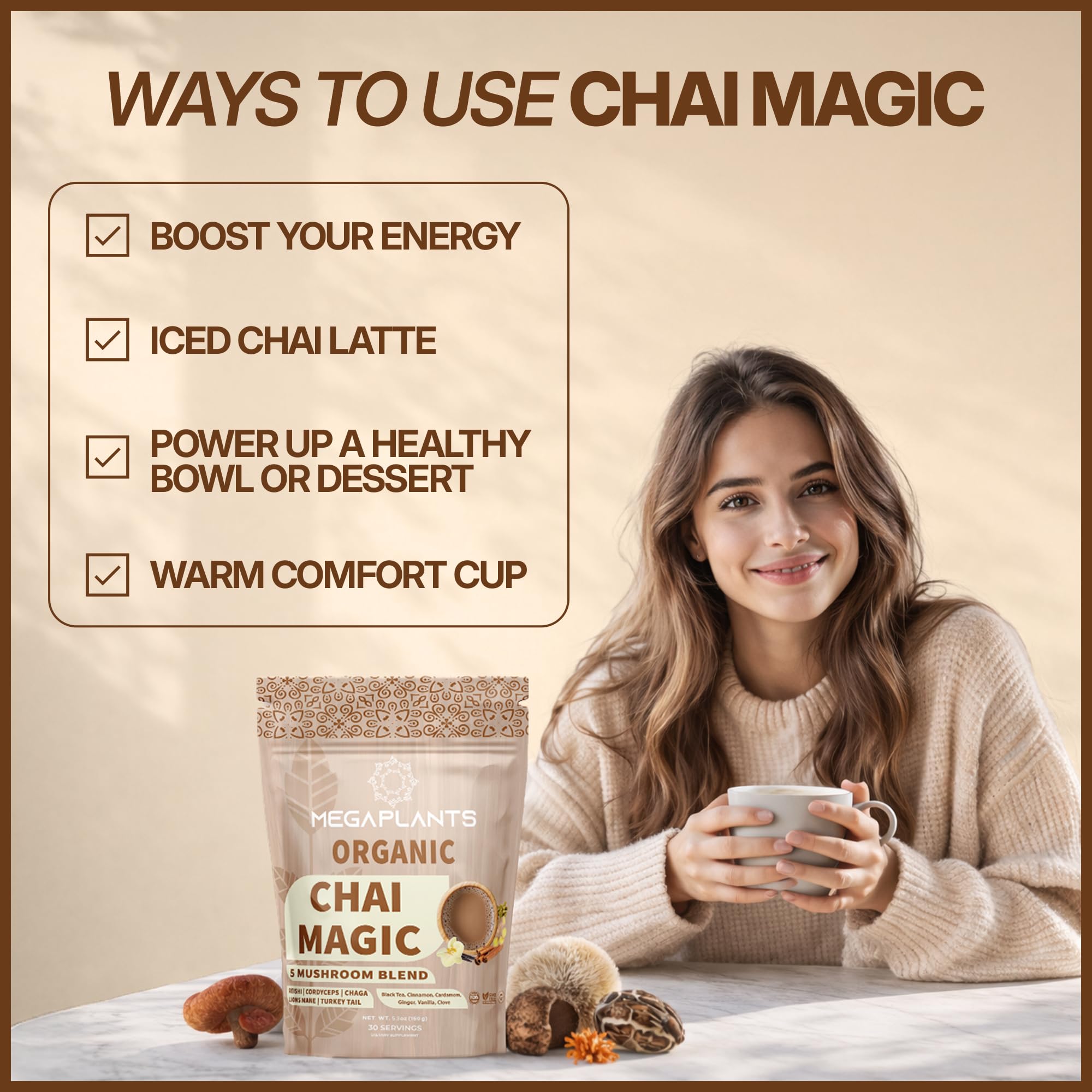 MEGAPLANTS Adaptogenic Mushroom Chai Tea (30 Servings) | No Crash Energy & Focus Blend with Lion’s Mane, Reishi, Turkey Tail, Cordyceps & Chaga |