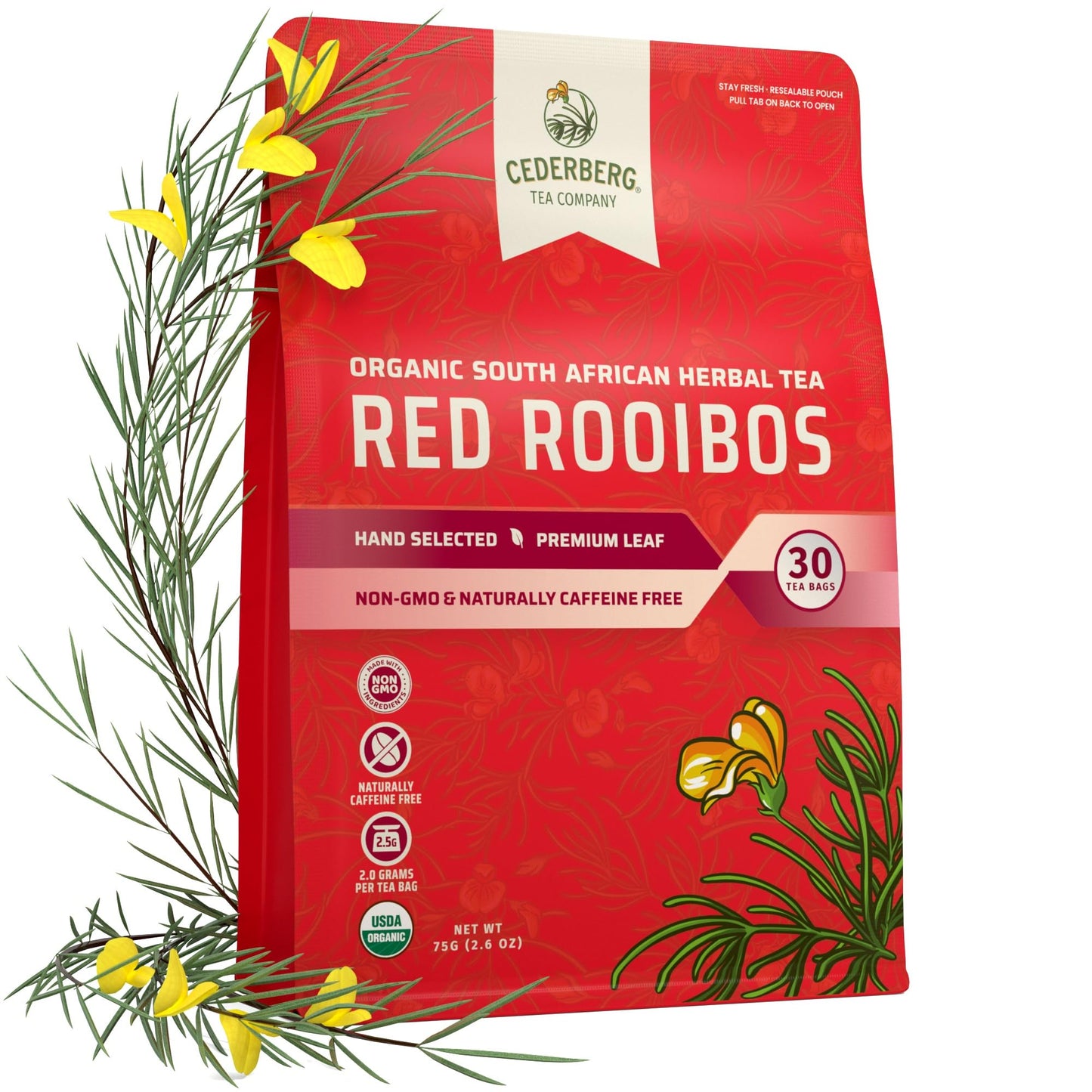 Cederberg Tea Company Red Rooibos Tea Bags USDA Certified South African Organic Herbal Tea, Naturally Caffeine Free Tea, Non-GMO, Premium Leaf, Rich