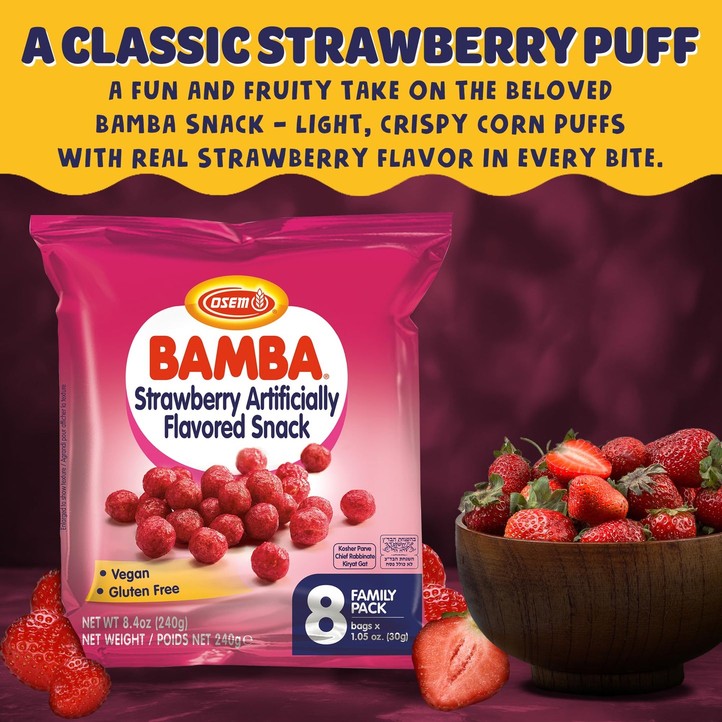 Osem Bamba Strawberry Flavored Snack - All Natural Sweet Red Strawberry Bamba Corn Puffs, for Adults and Kids, Convenient Family Pack - 1.05oz Bag